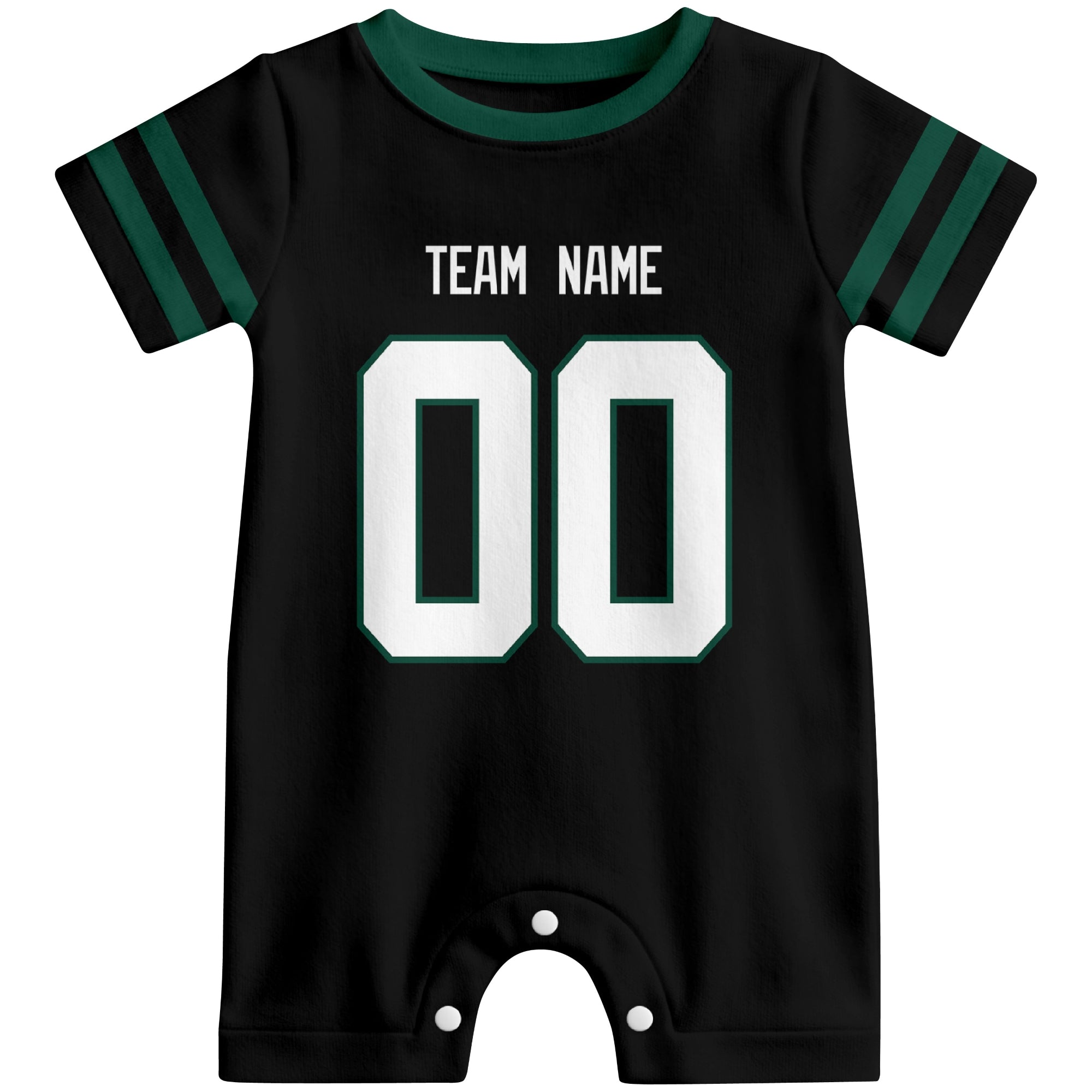 Front view of custom football-style baby onesie in Black personalized with name and number
