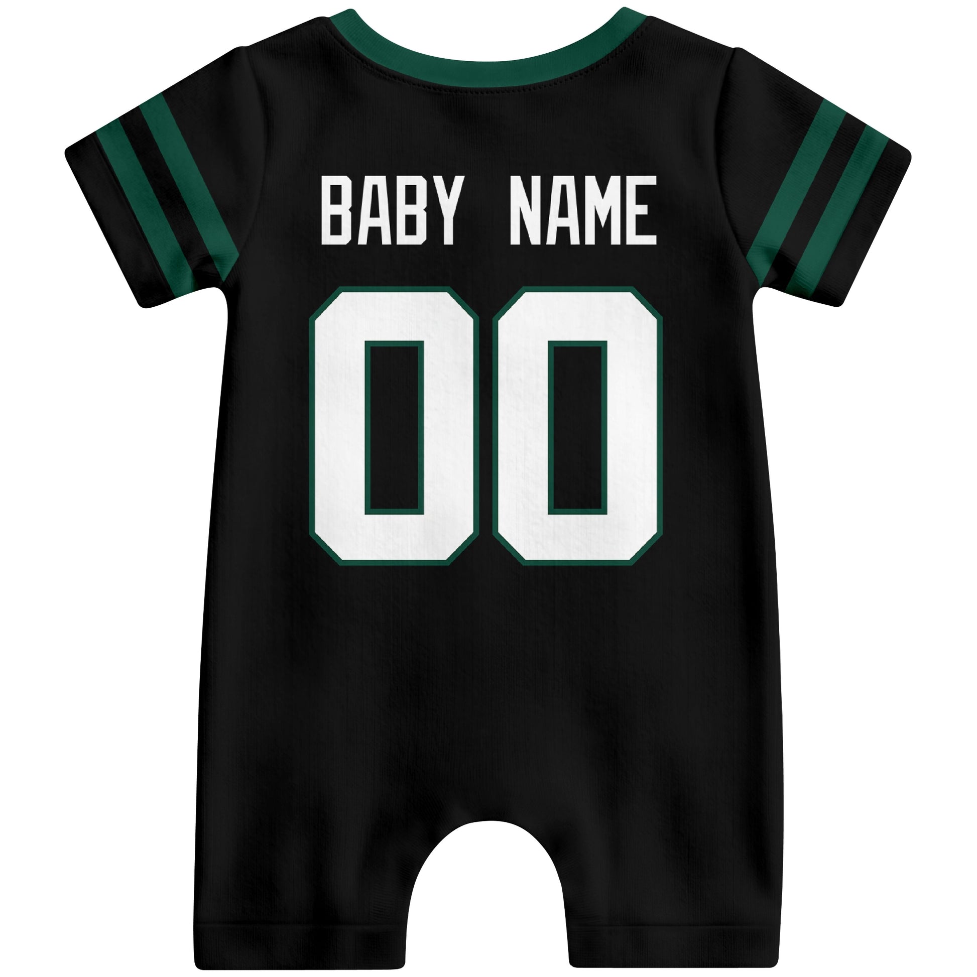 Back view of custom football-style baby onesie in Black personalized with name and number