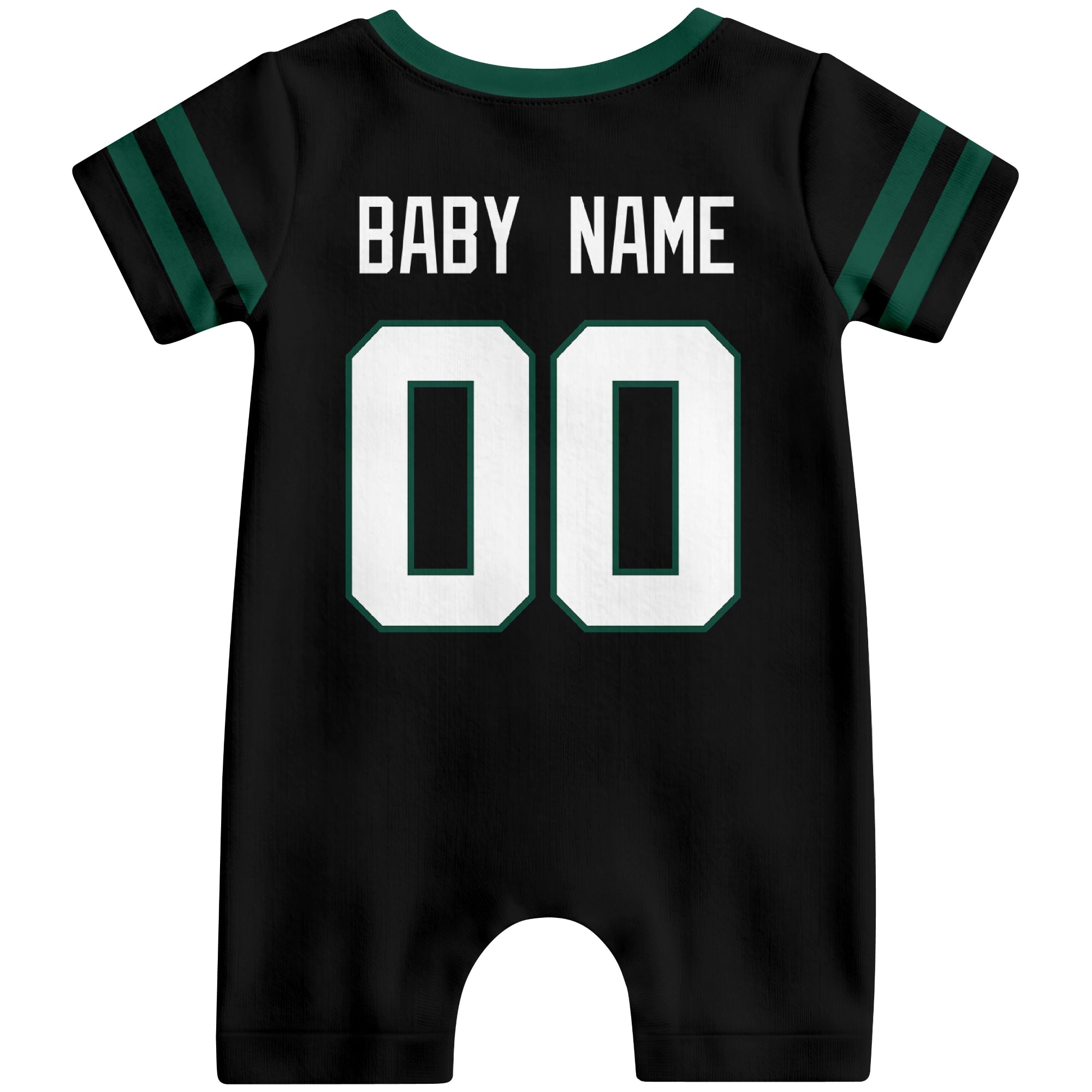 Back view of custom football-style baby onesie in Black personalized with name and number