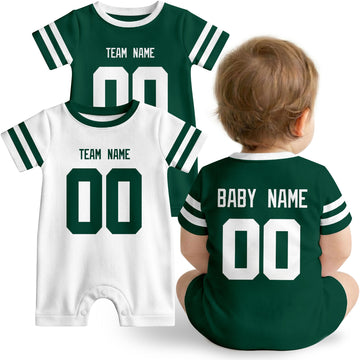 Baby wearing custom football-style onesie in Green, White, and Black with personalized name and number