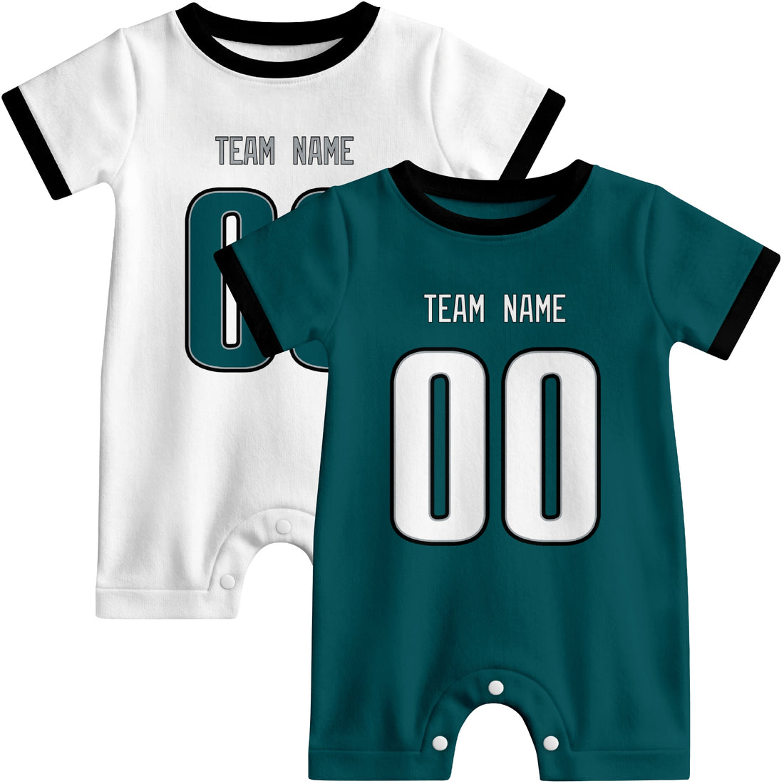 Baby wearing custom football-style onesie in Midnight Green, White, and Black with personalized name and number