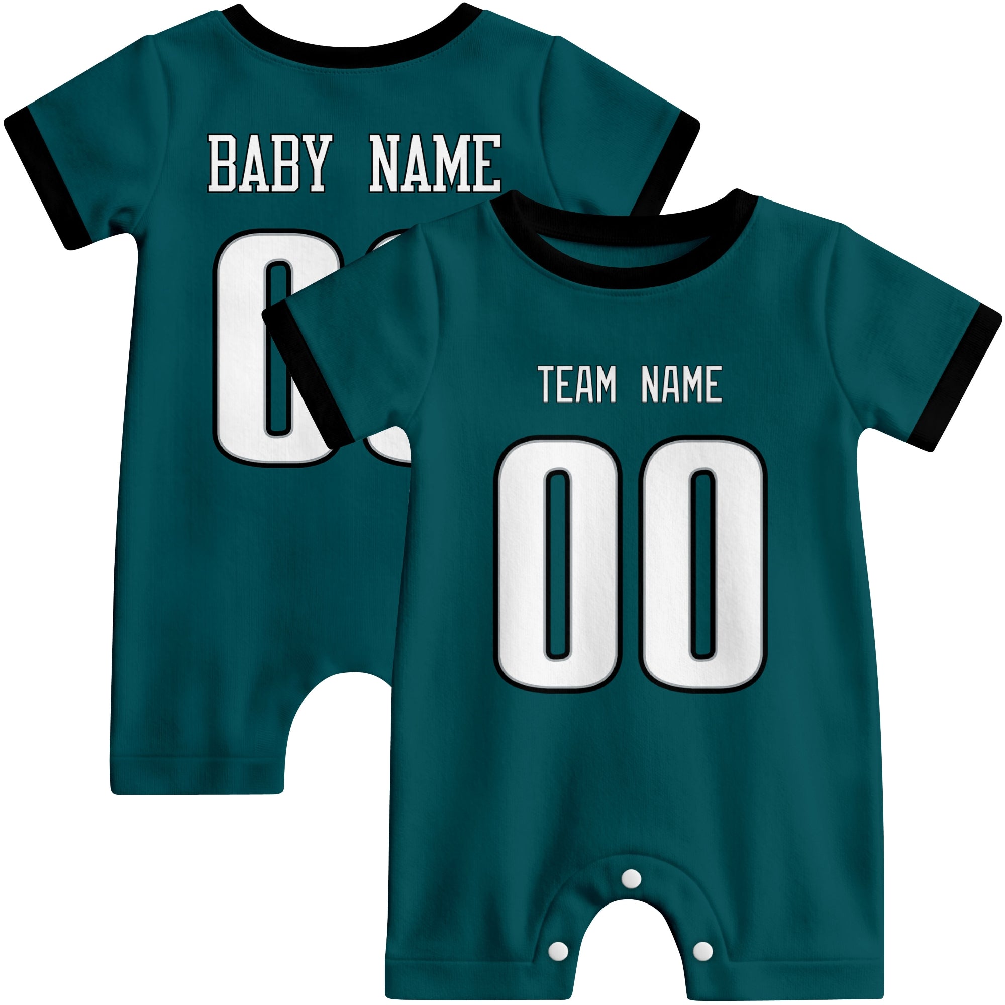 Front and back views of custom football-style baby onesie in Midnight Green and White colors with personalized details