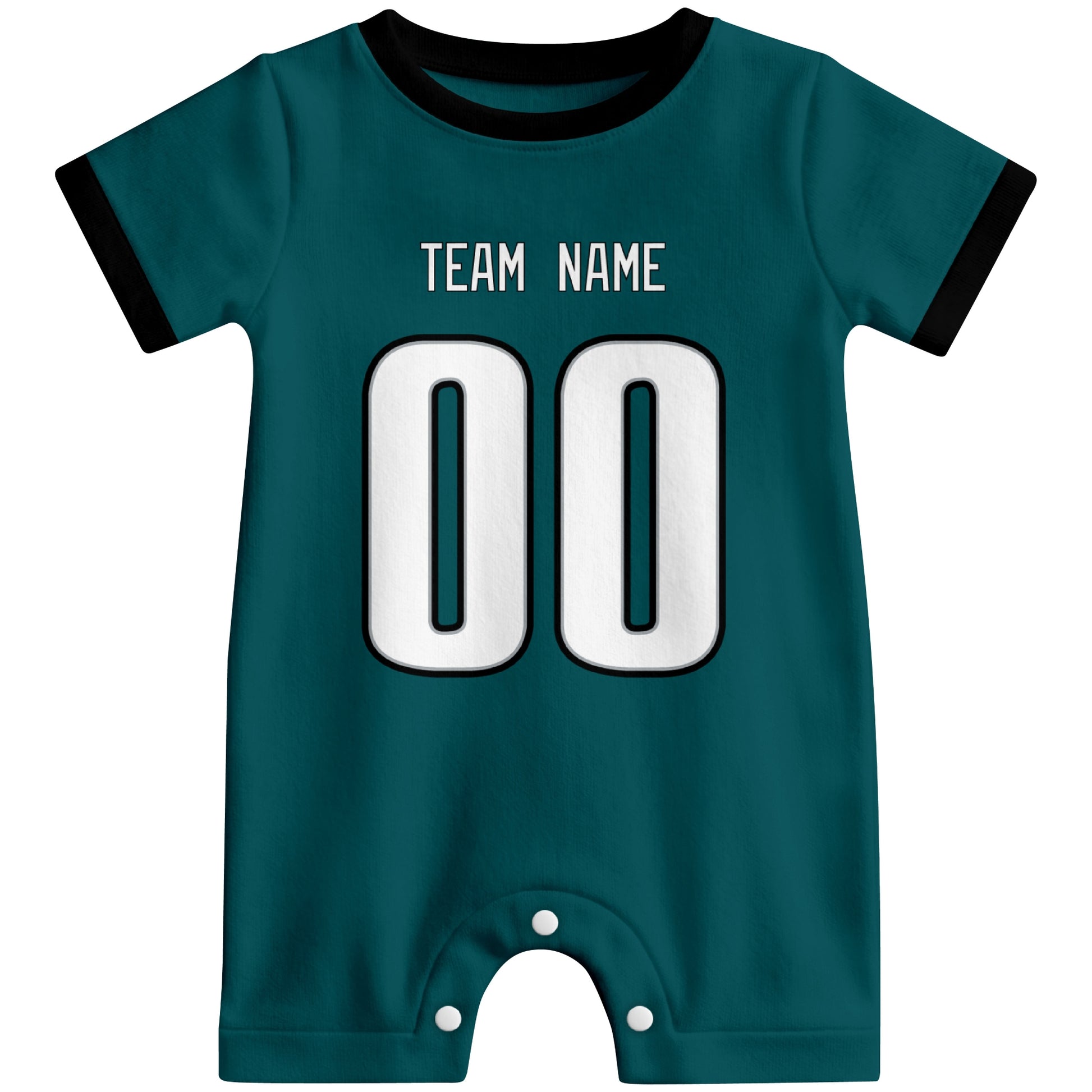 Front view of custom football-style baby onesie in Midnight Green personalized with team name and number