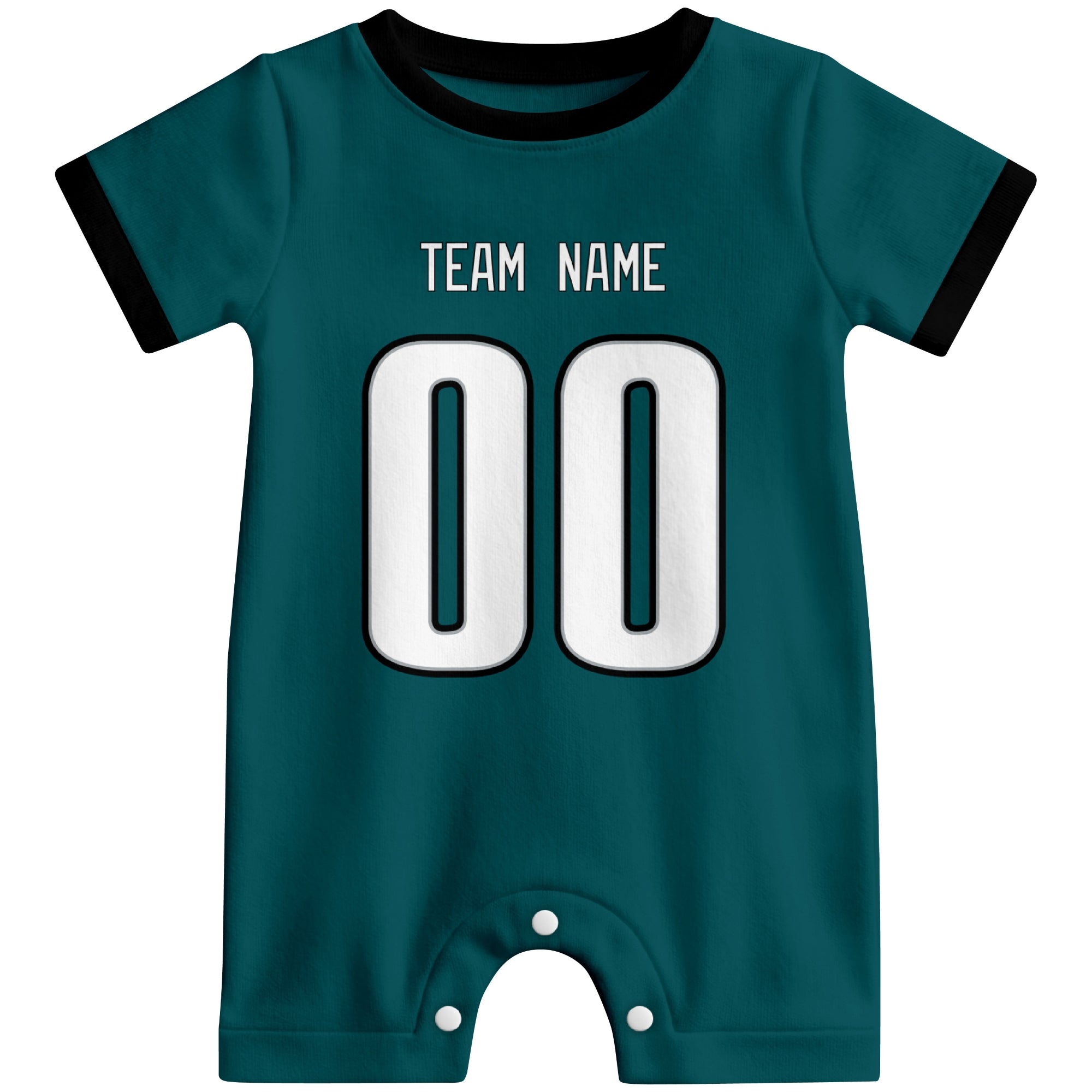 Front view of custom football-style baby onesie in Midnight Green personalized with team name and number
