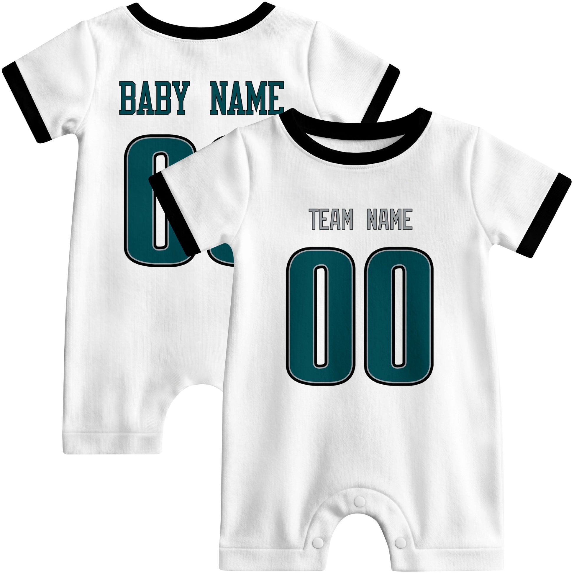 Front and back views of custom football-style baby onesie in White and Midnight Green colors with personalized details