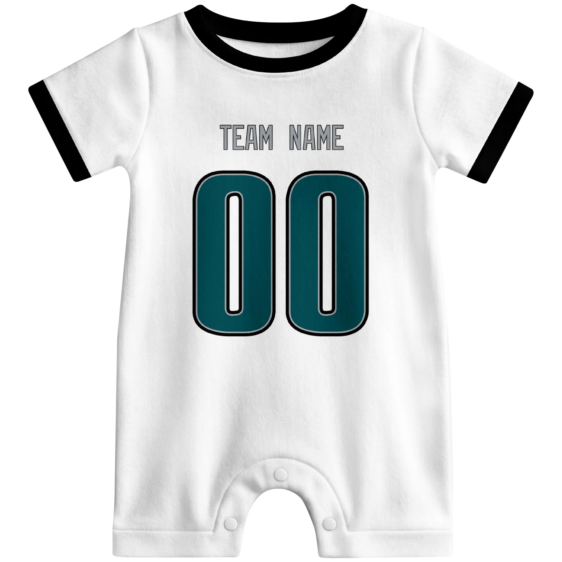 Front view of custom football-style baby onesie in White personalized with name and number