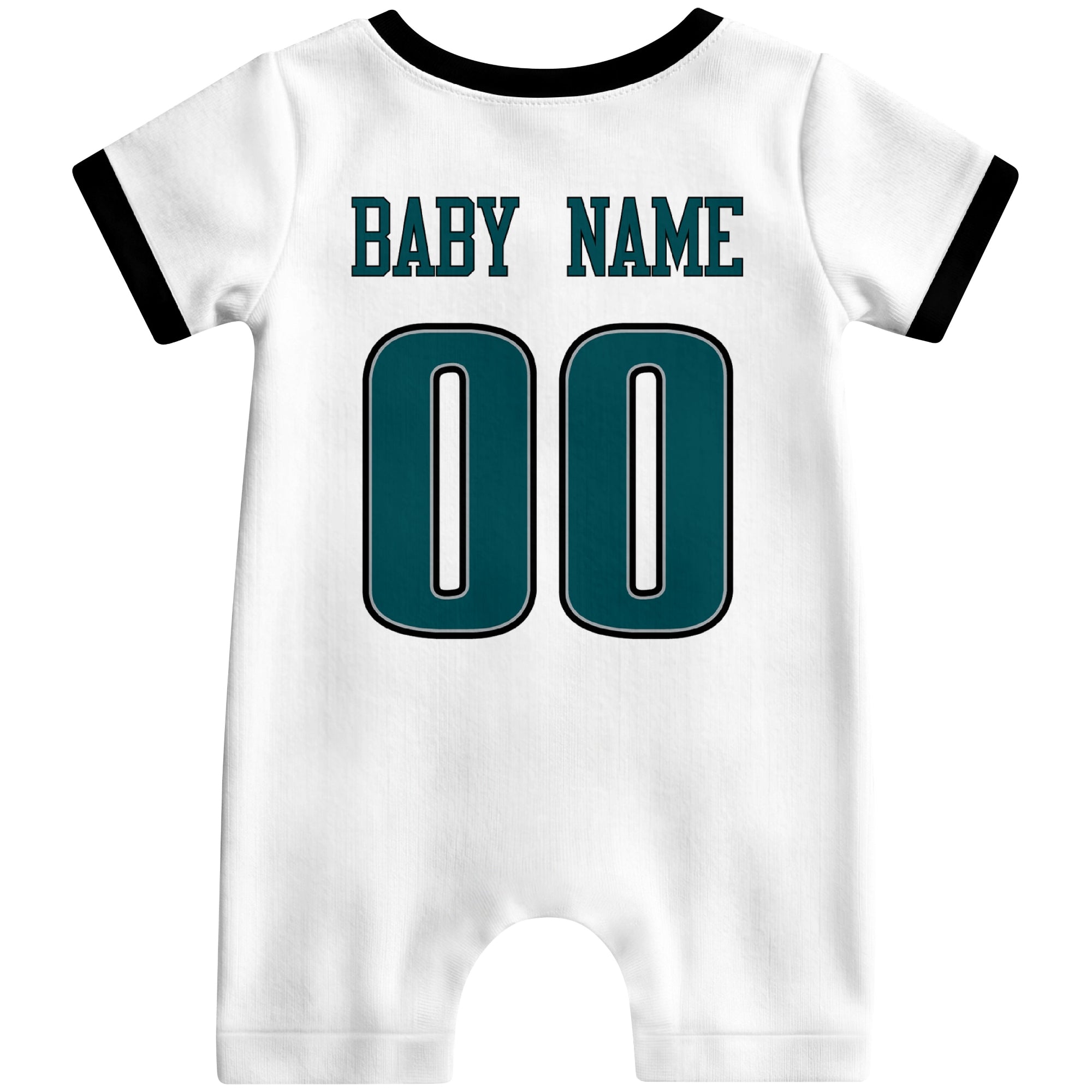 Back view of custom football-style baby onesie in White personalized with name and number