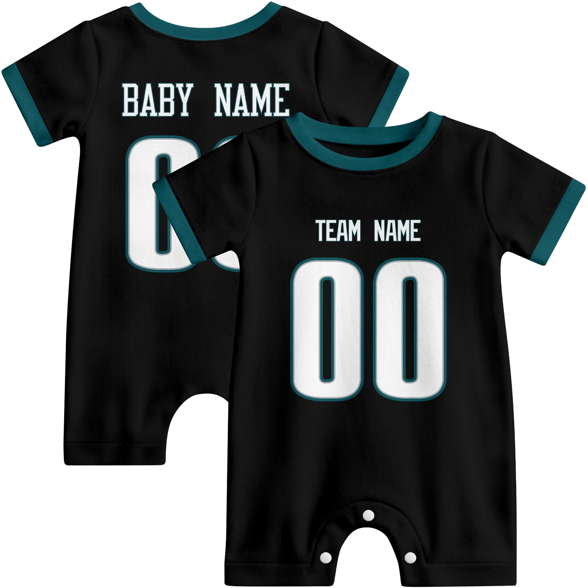 Front and back views of custom football-style baby onesie in Black and Midnight Green colors with personalized details