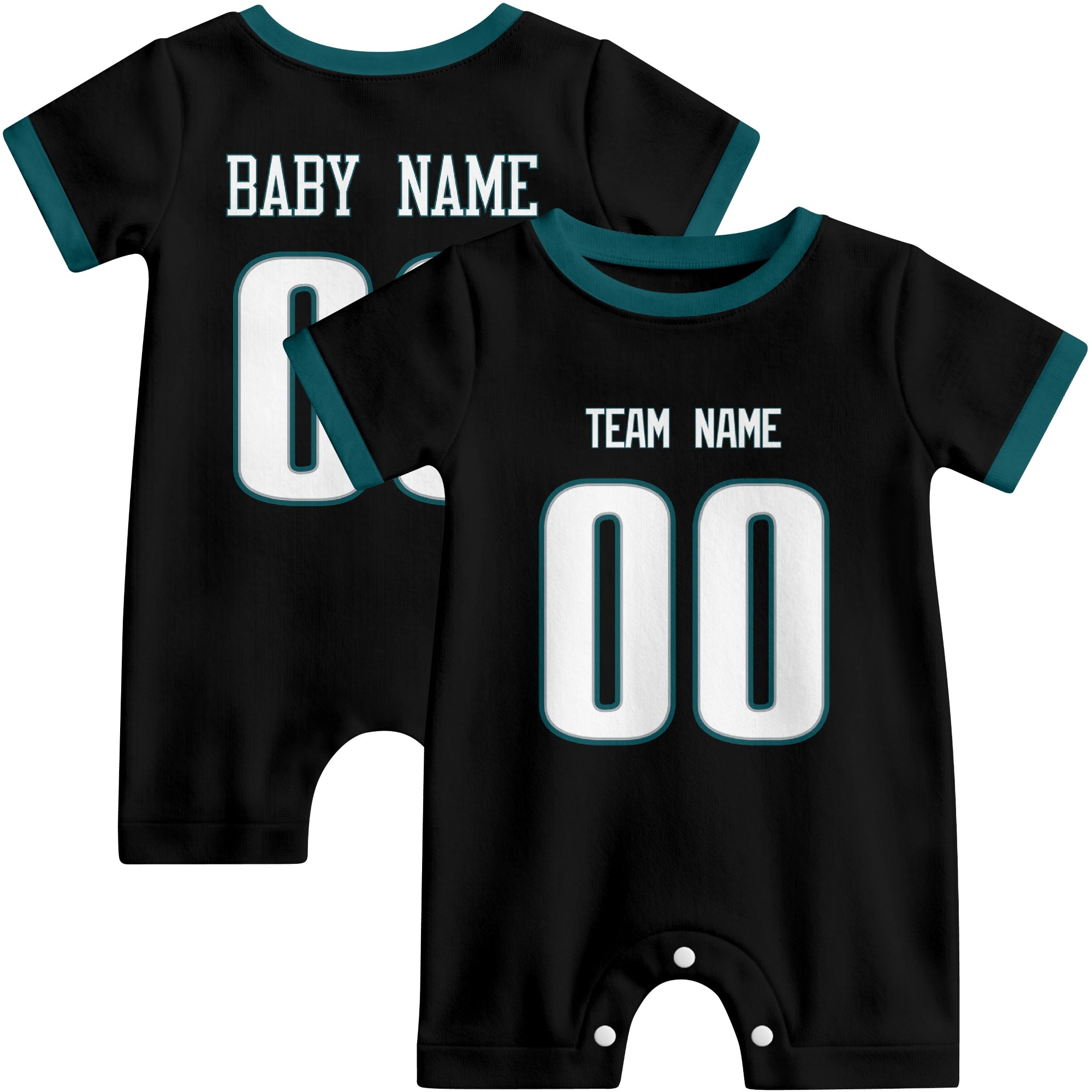 Front and back views of custom football-style baby onesie in Black and Midnight Green colors with personalized details