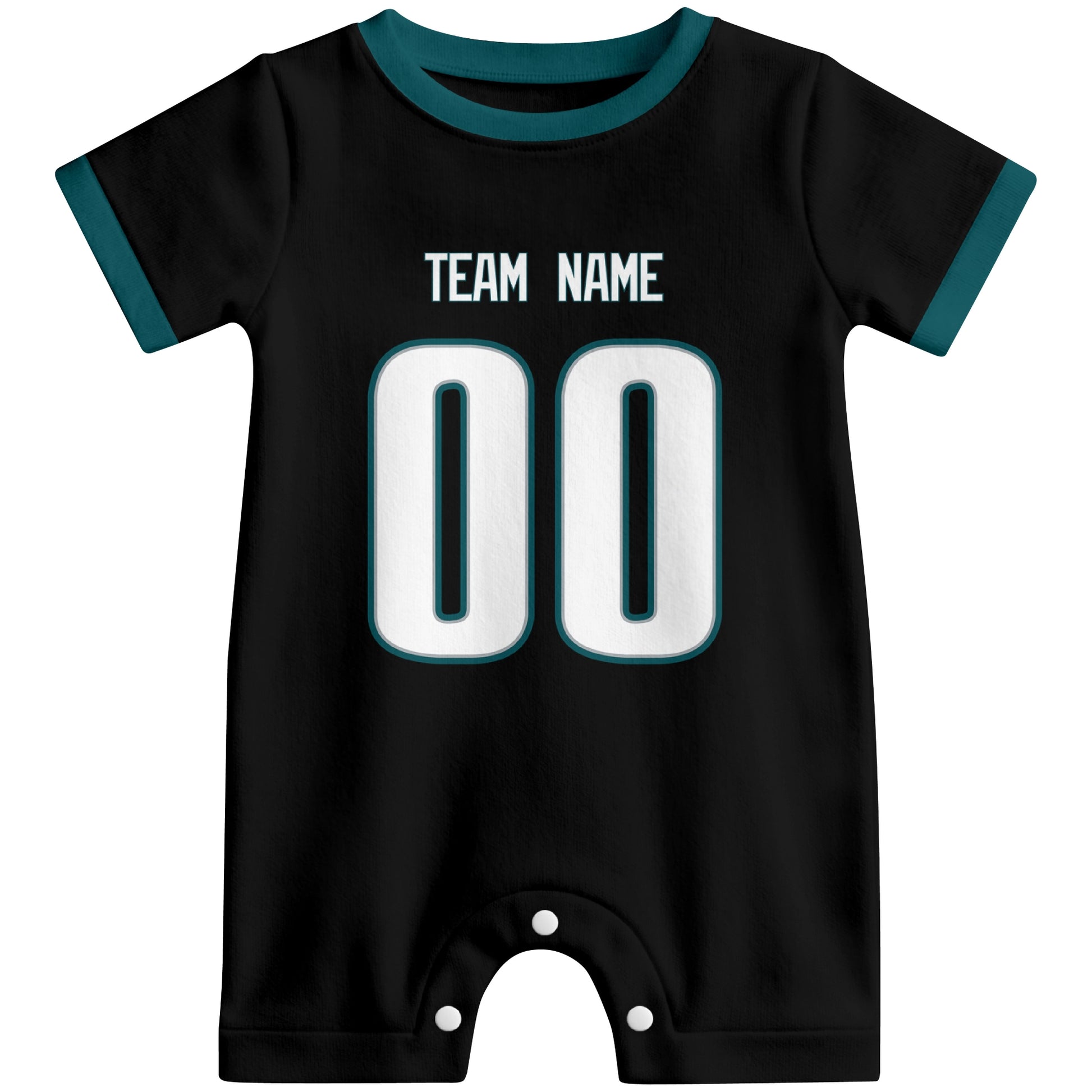 Front view of custom football-style baby onesie in Black personalized with name and number