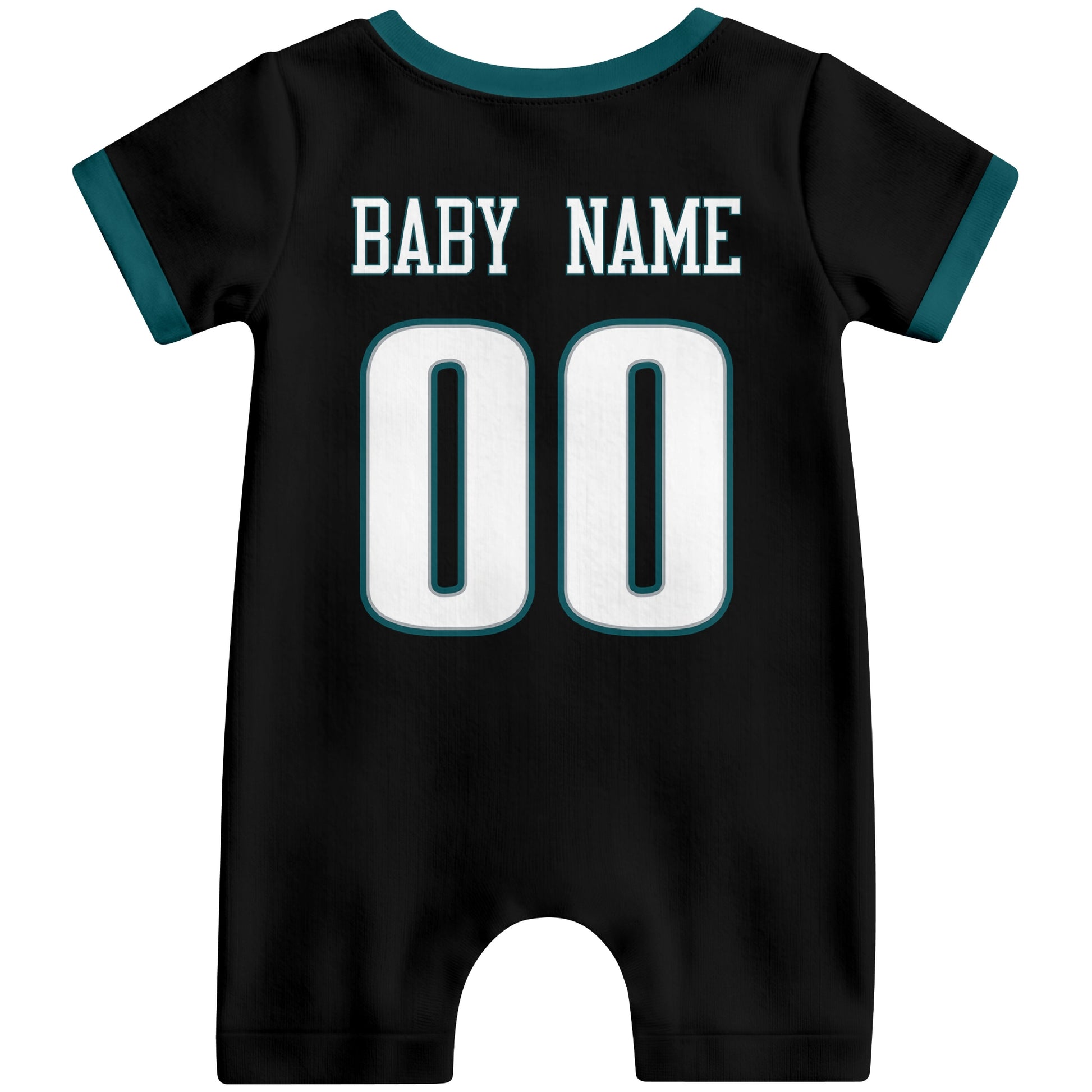 Back view of custom football-style baby onesie in Black personalized with name and number