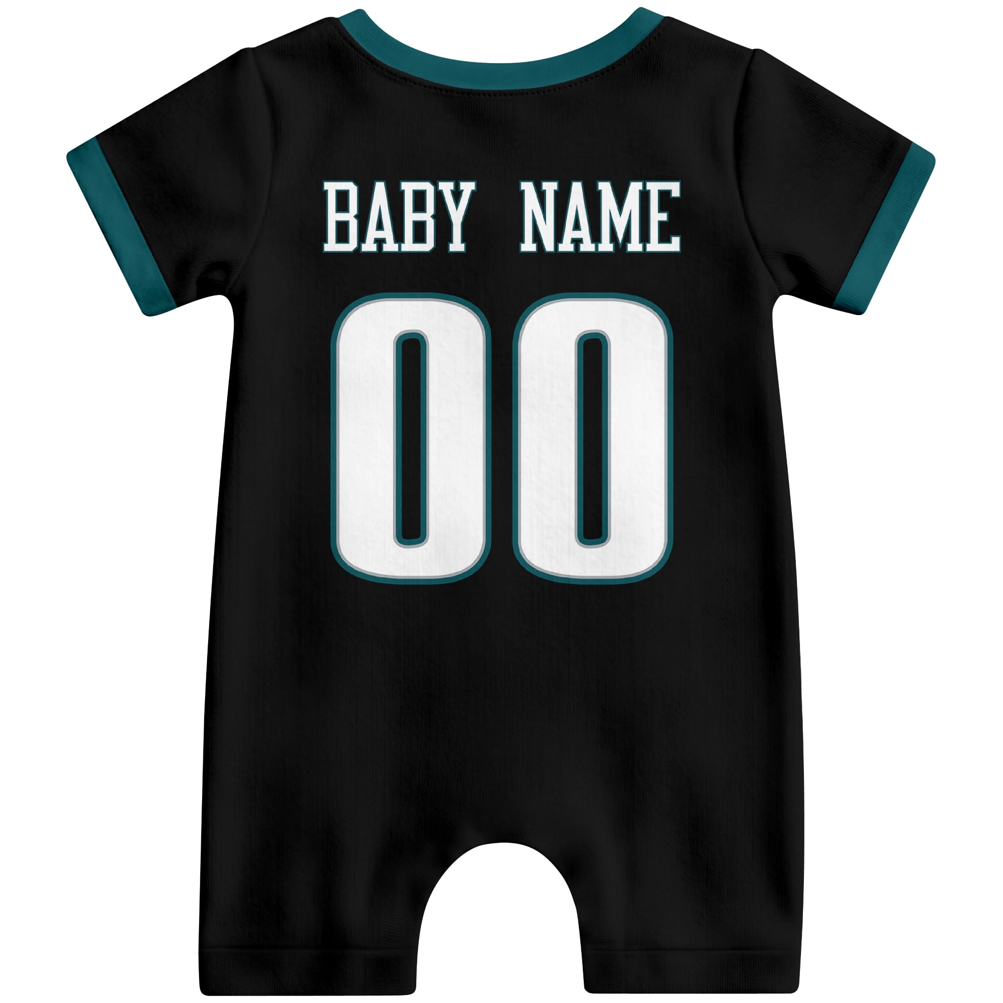 Back view of custom football-style baby onesie in Black personalized with name and number