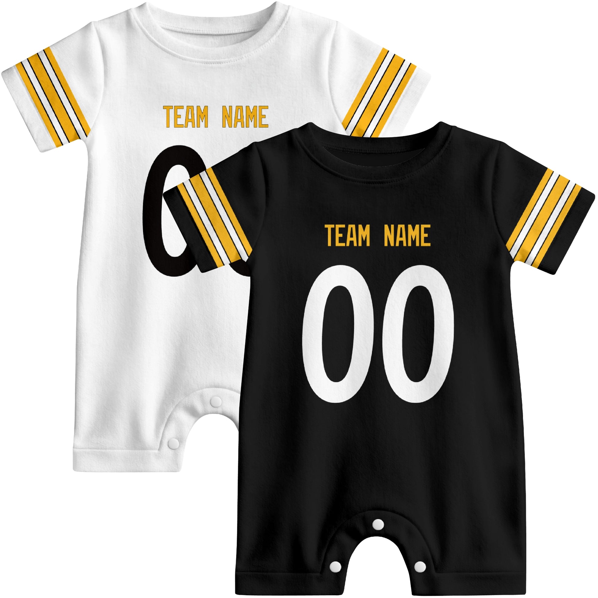 Custom football-style baby onesie color options in Black and White