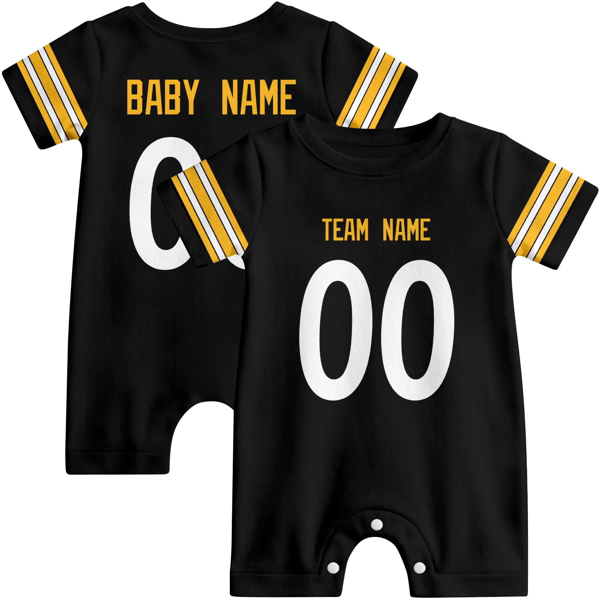 Front and back views of custom football-style baby onesie in Black and White colors with personalized details
