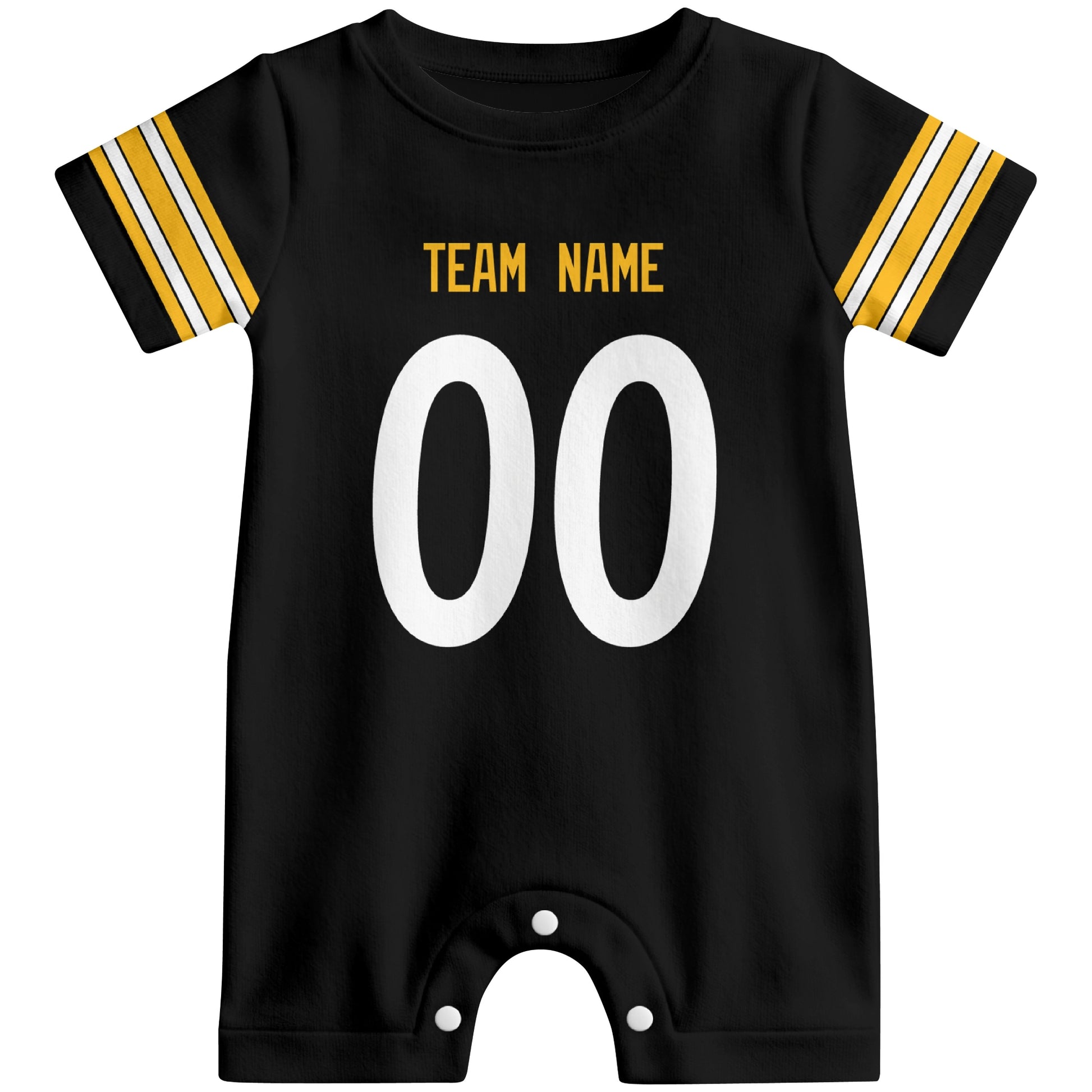 Front view of custom football-style baby onesie in Black personalized with team name and number