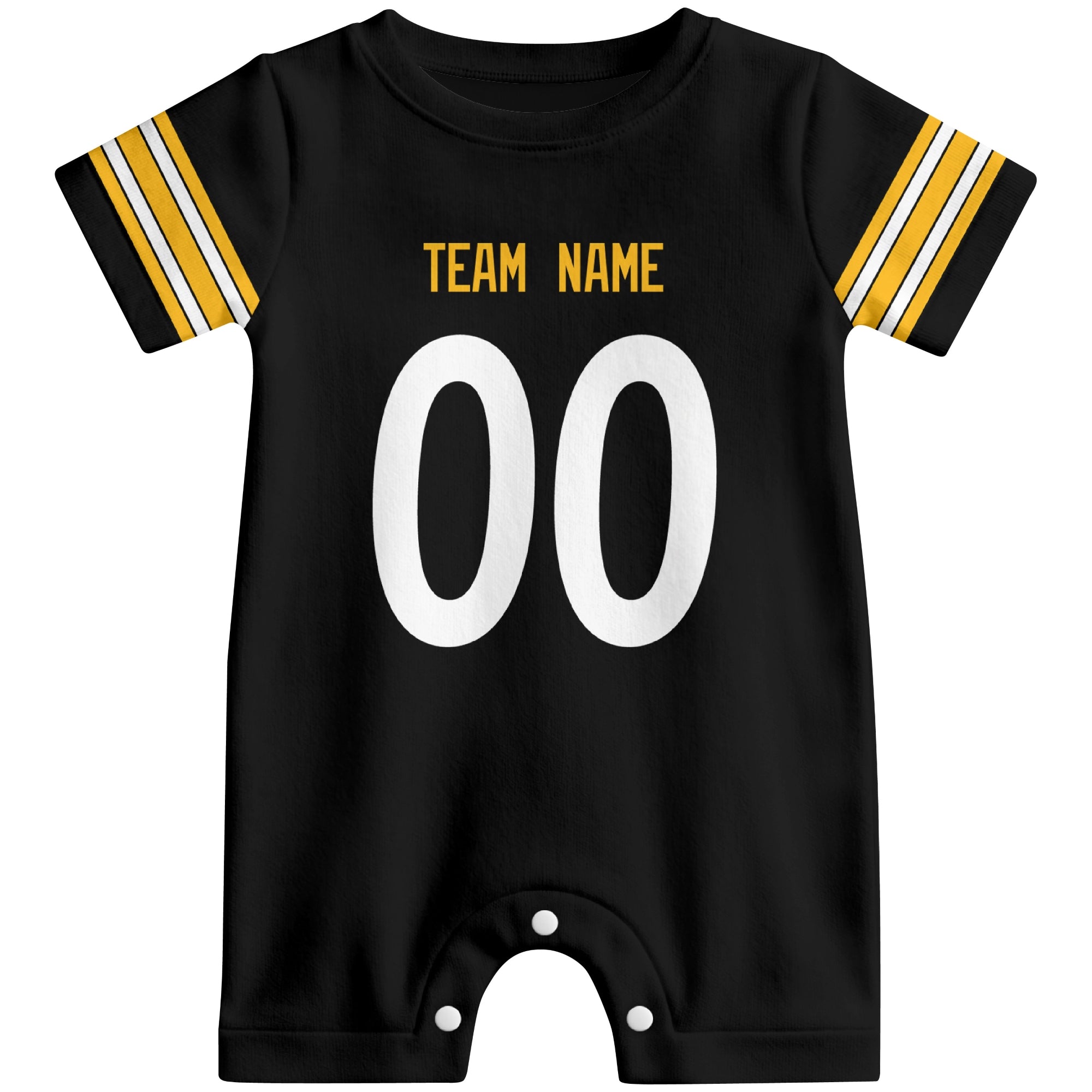 Front view of custom football-style baby onesie in Black personalized with team name and number