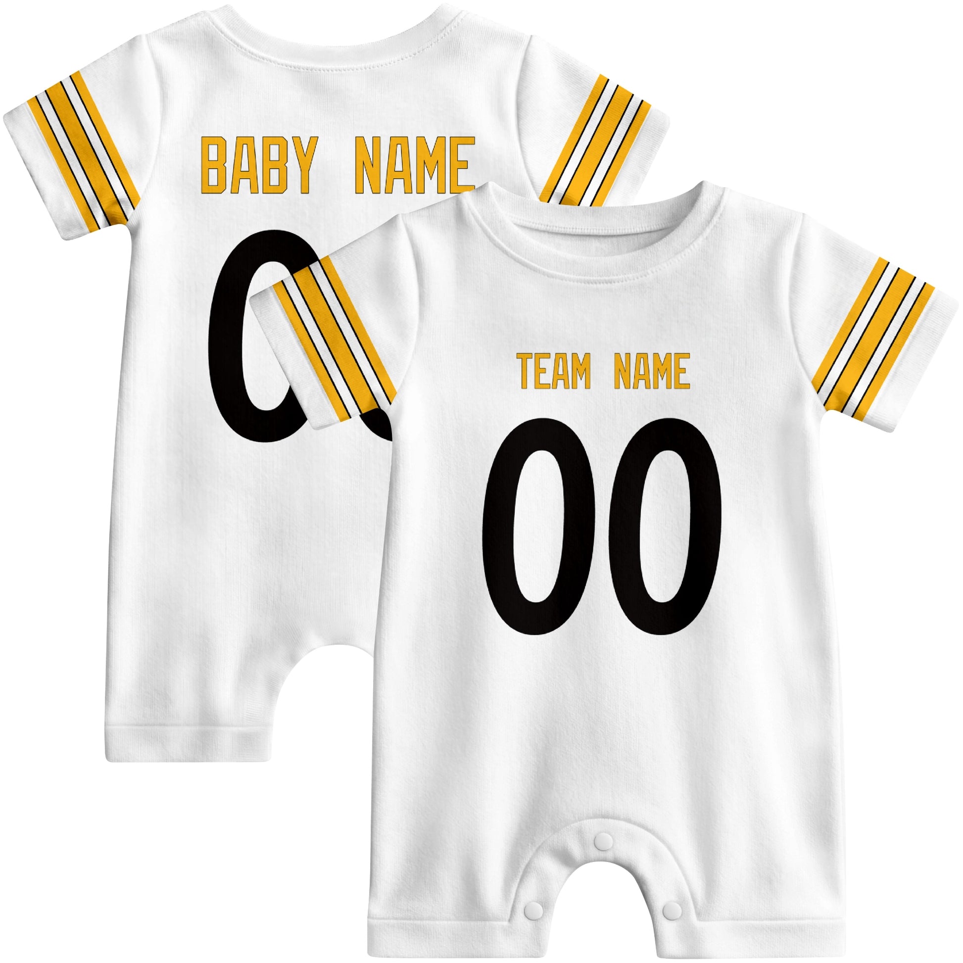 Front and back views of custom football-style baby onesie in White and Black colors with personalized details