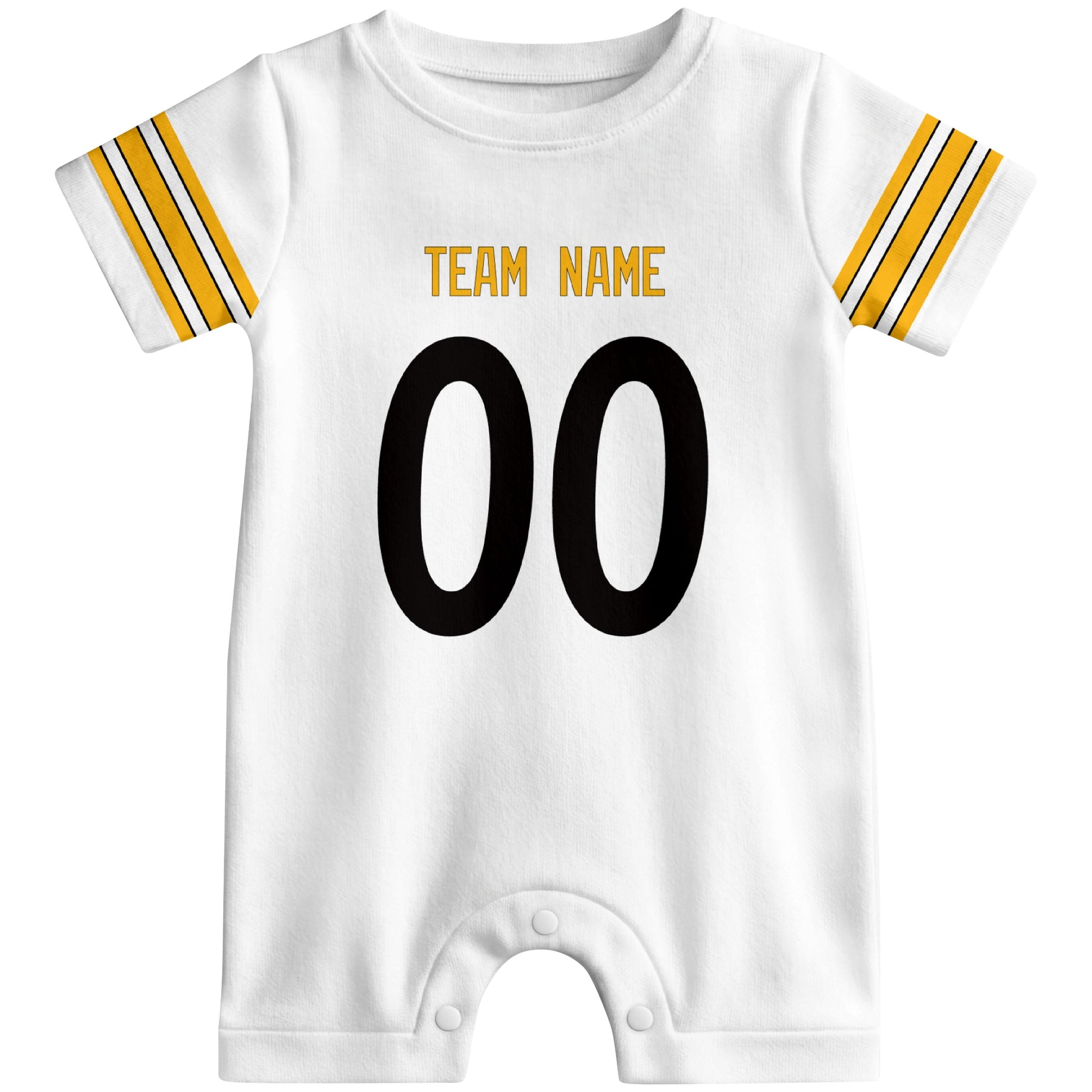 Front view of custom football-style baby onesie in White personalized with name and number