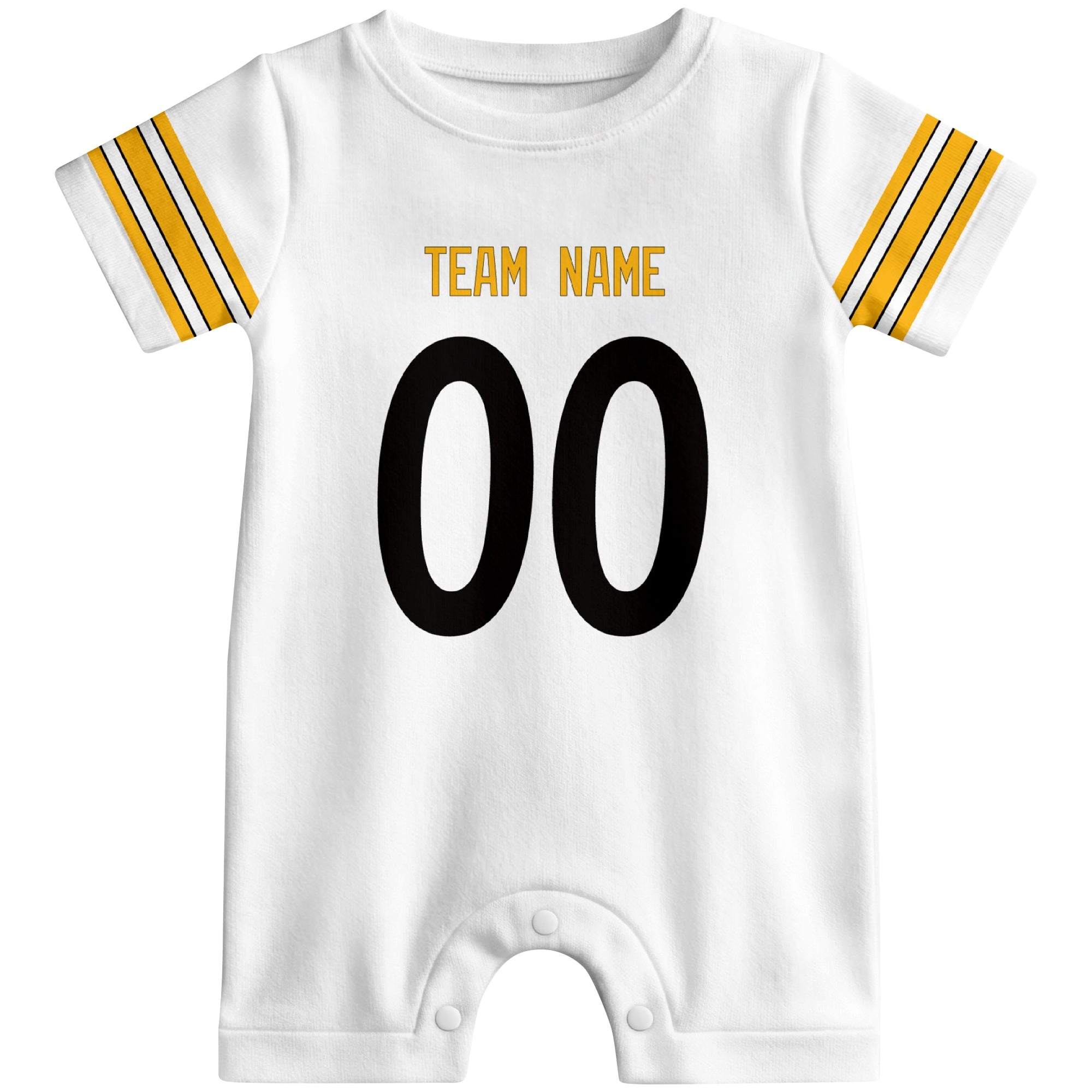 Front view of custom football-style baby onesie in White personalized with name and number