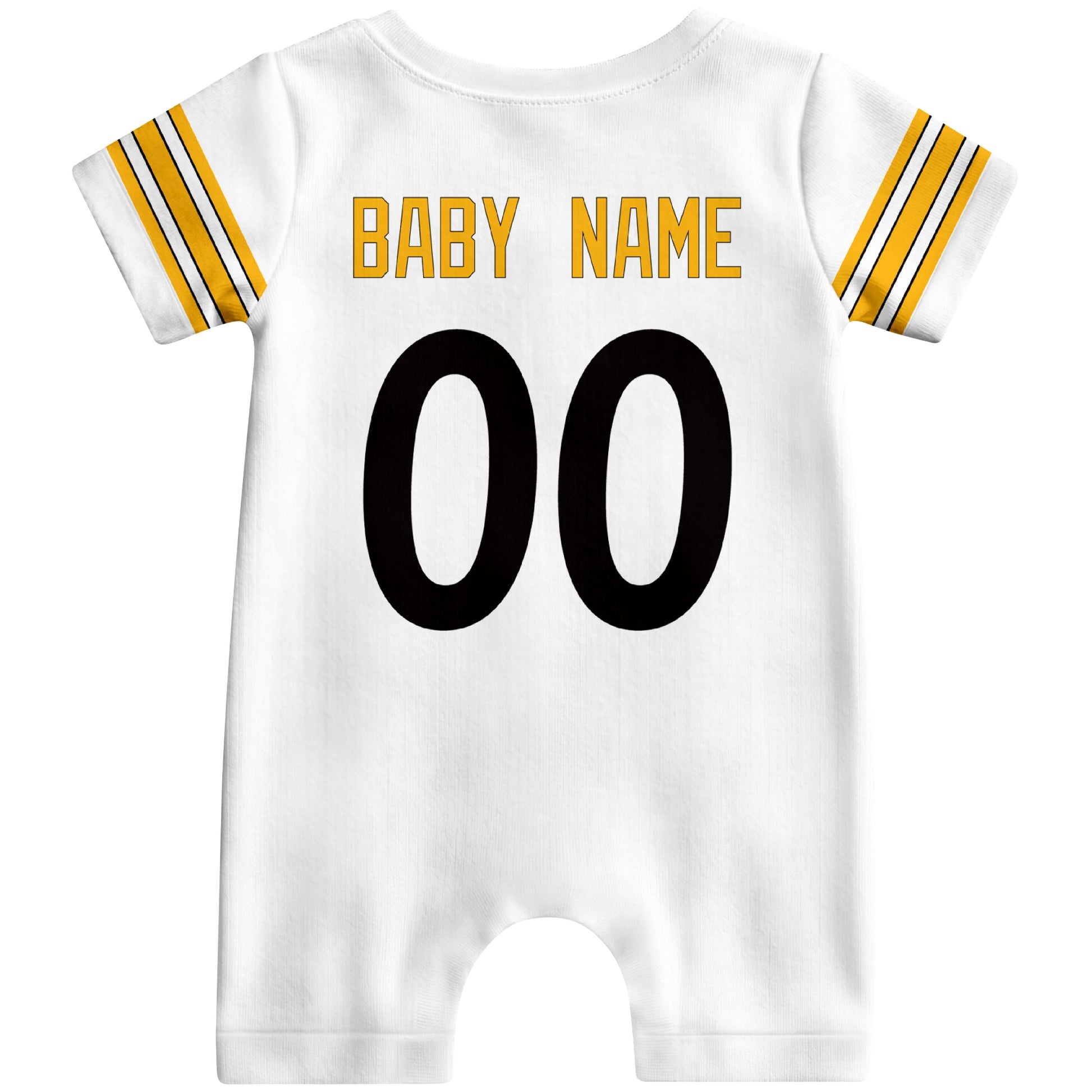Back view of custom football-style baby onesie in White personalized with name and number