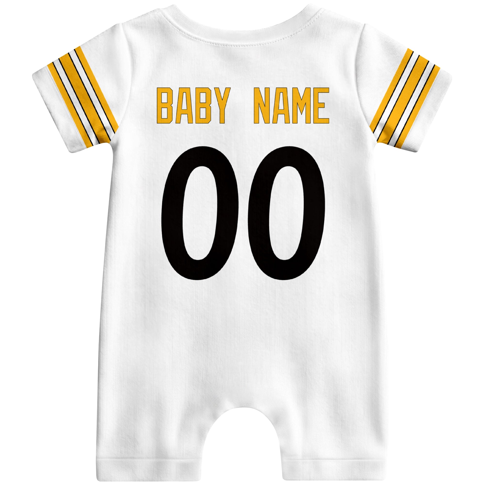 Back view of custom football-style baby onesie in White personalized with name and number