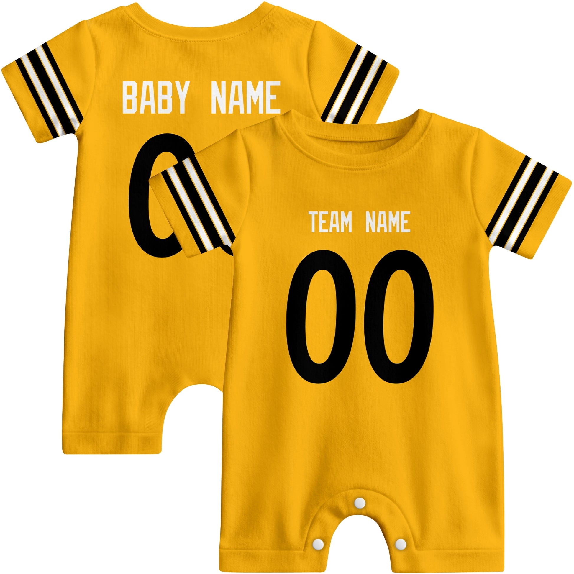 Front and back views of custom football-style baby onesie in Gold and Black colors with personalized details