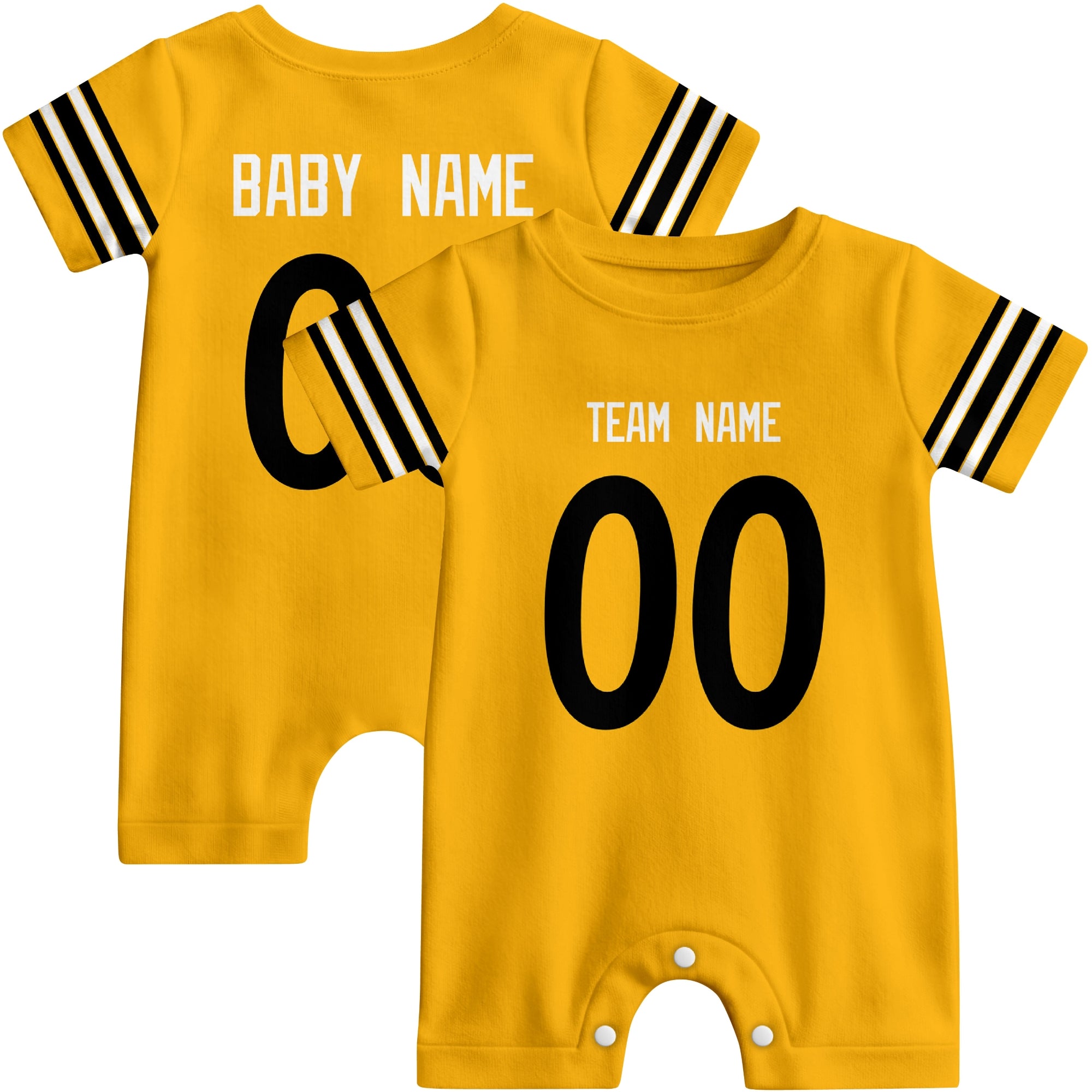 Front and back views of custom football-style baby onesie in Gold and Black colors with personalized details