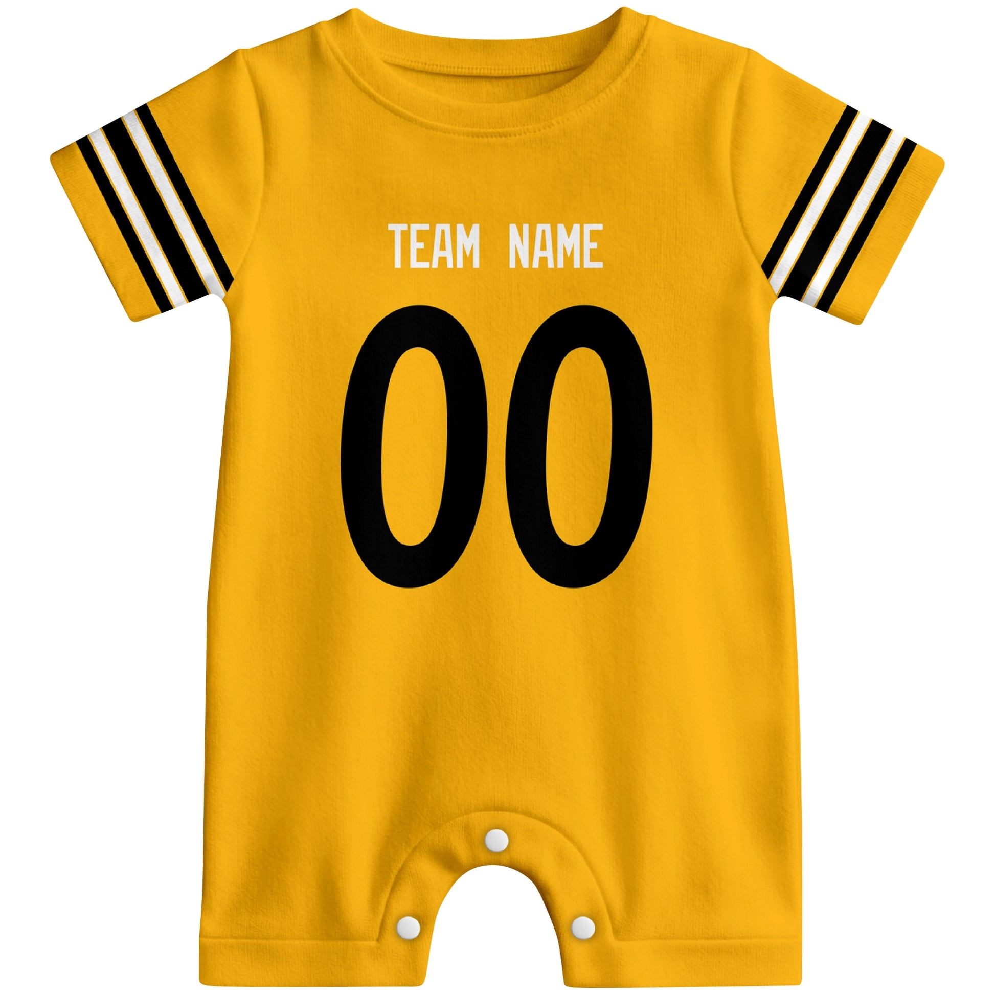 Front view of custom football-style baby onesie in Gold personalized with name and number