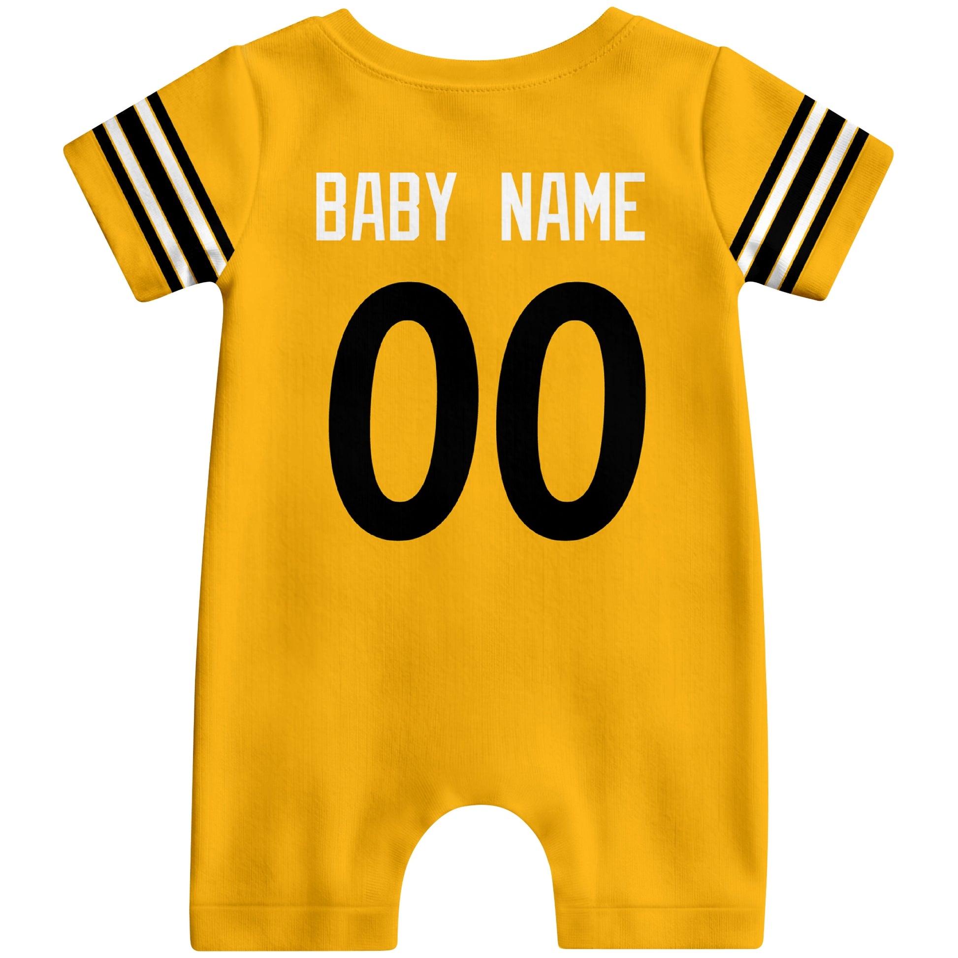Back view of custom football-style baby onesie in Gold personalized with name and number