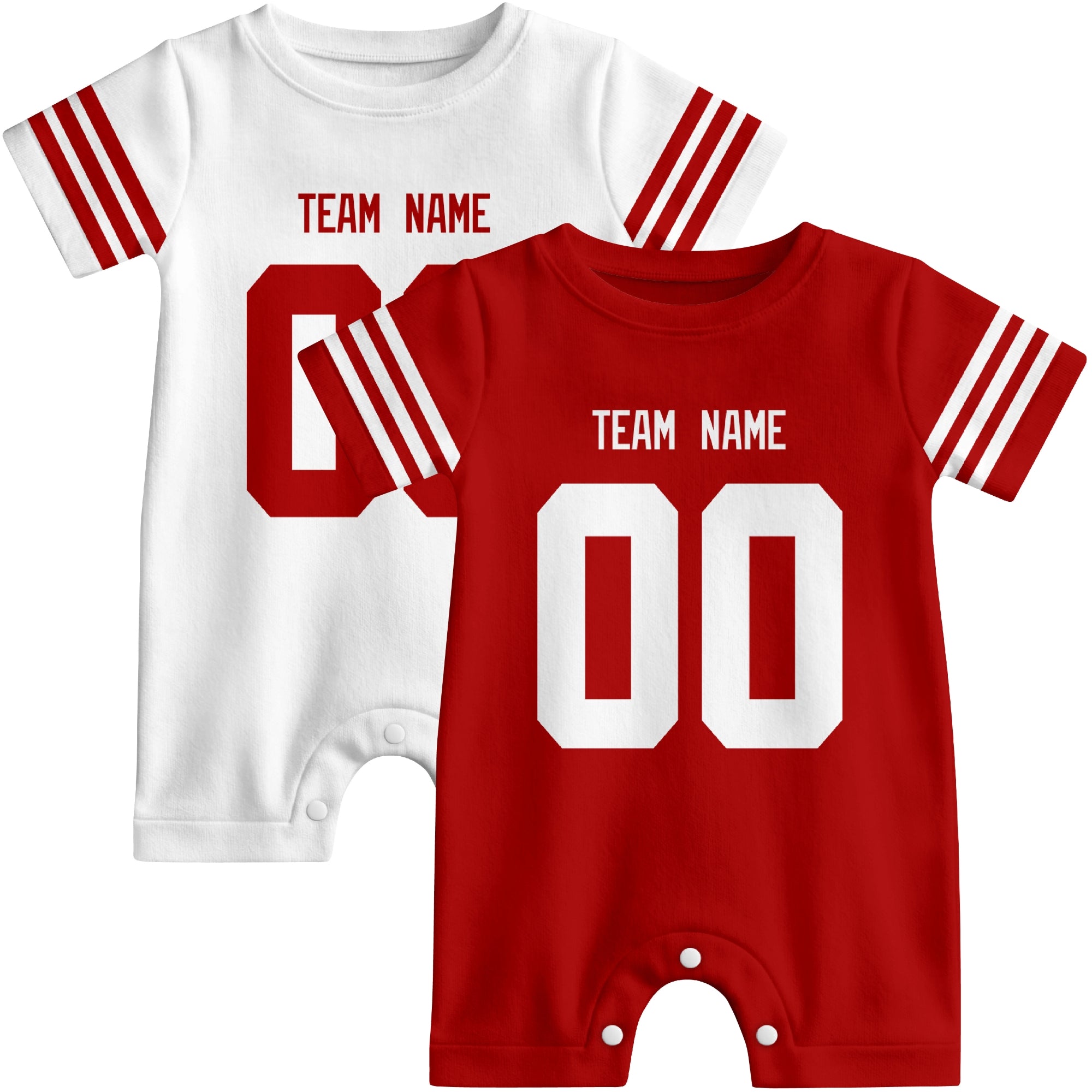 Custom football-style baby onesie color options in Scarlet and White