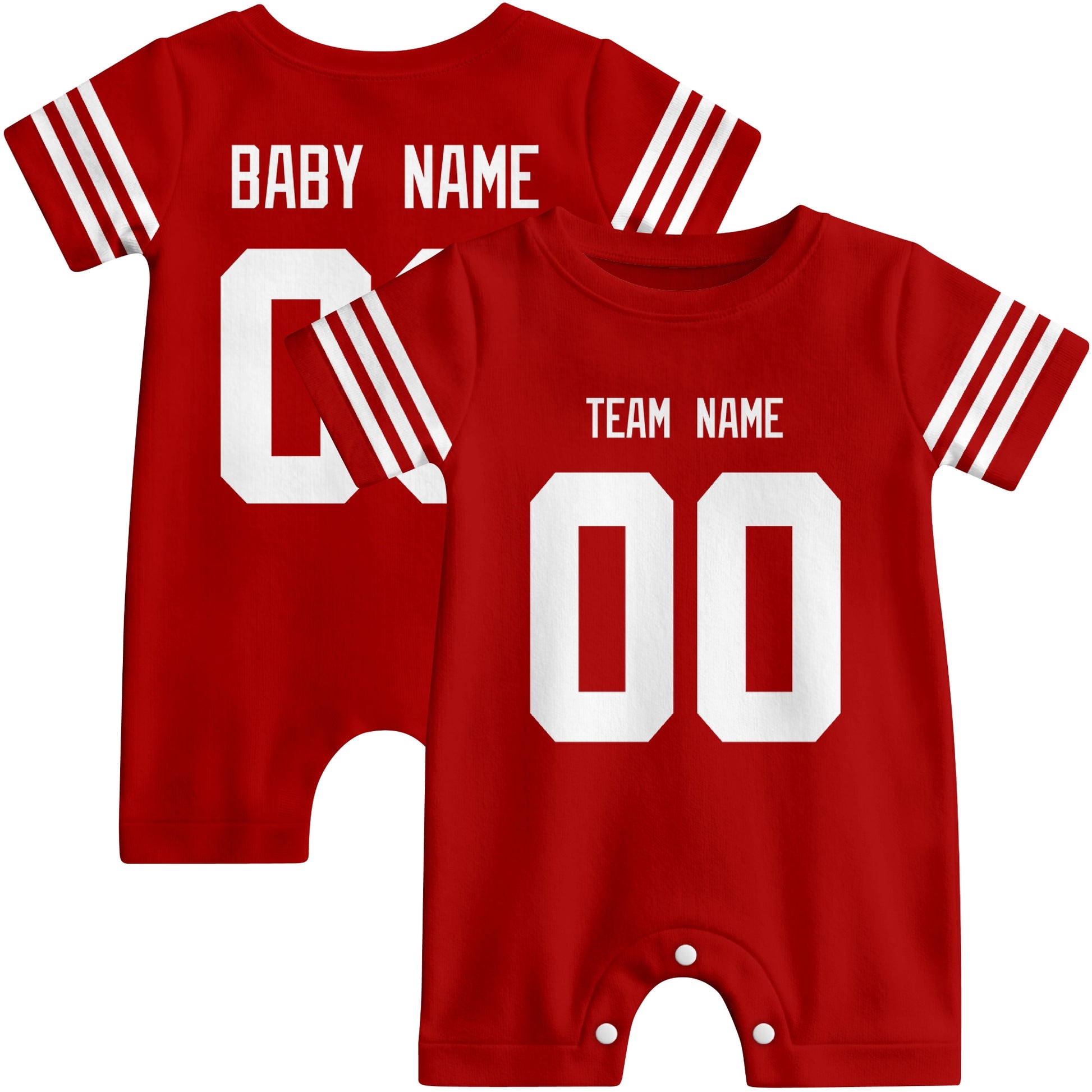 Front and back views of custom football-style baby onesie in Scarlet and White colors with personalized details