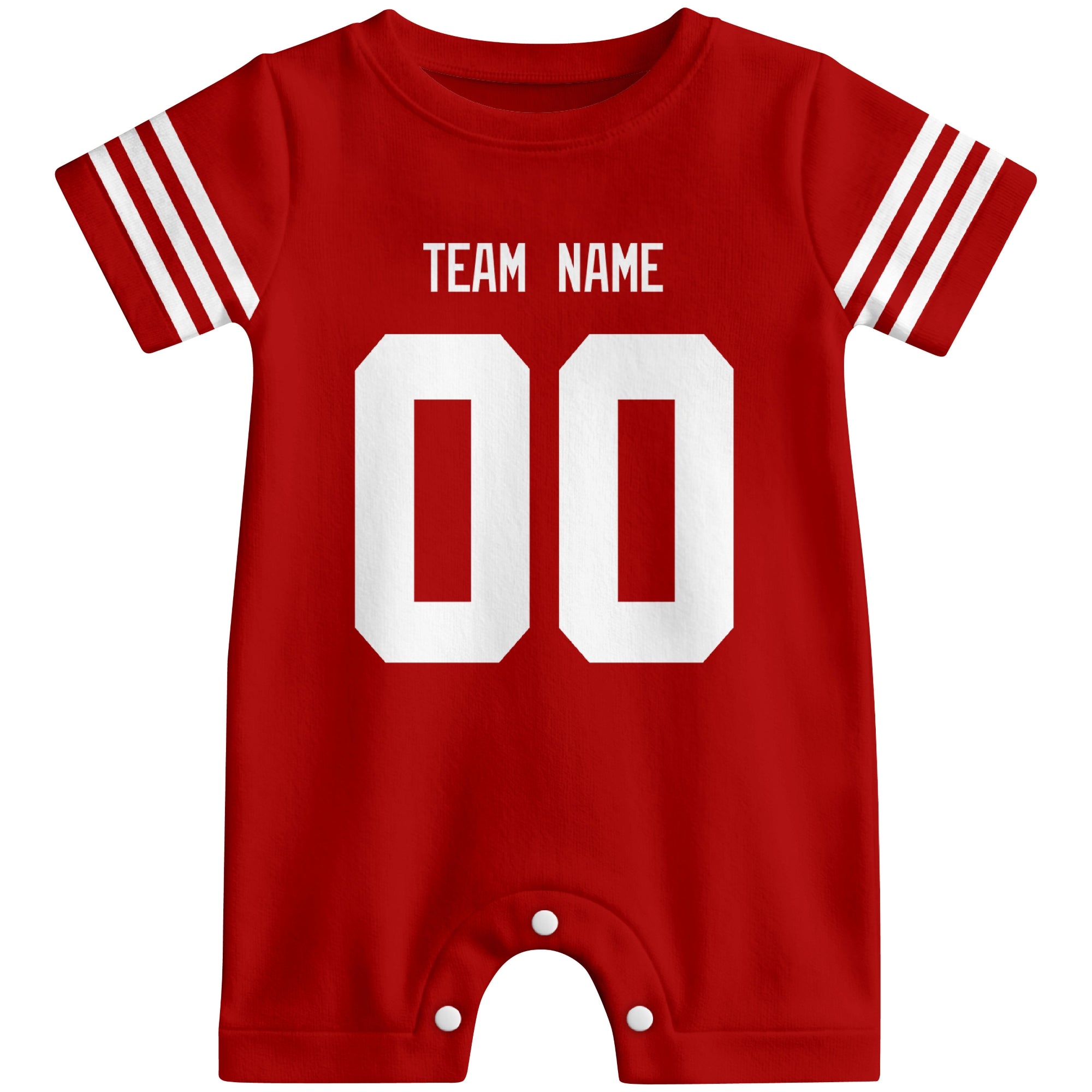 Front view of custom football-style baby onesie in Scarlet personalized with team name and number