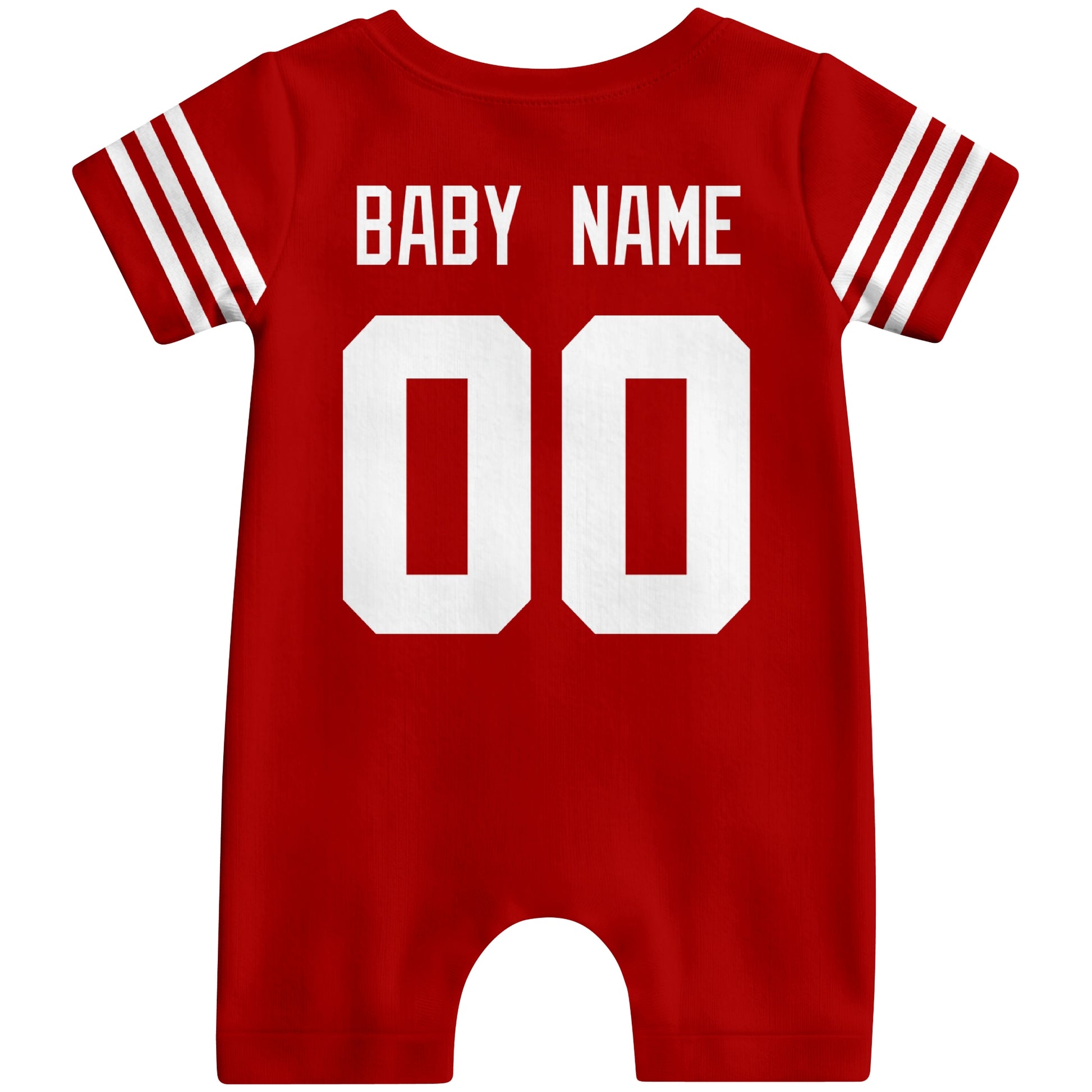 Back view of custom football-style baby onesie in Scarlet personalized with baby name and number