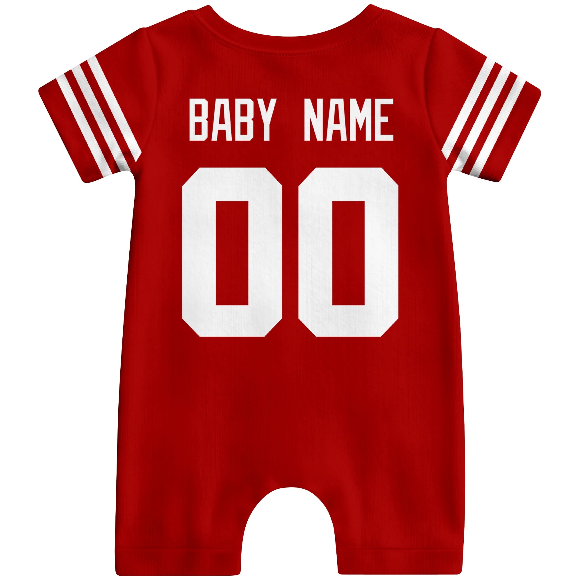 Back view of custom football-style baby onesie in Scarlet personalized with baby name and number