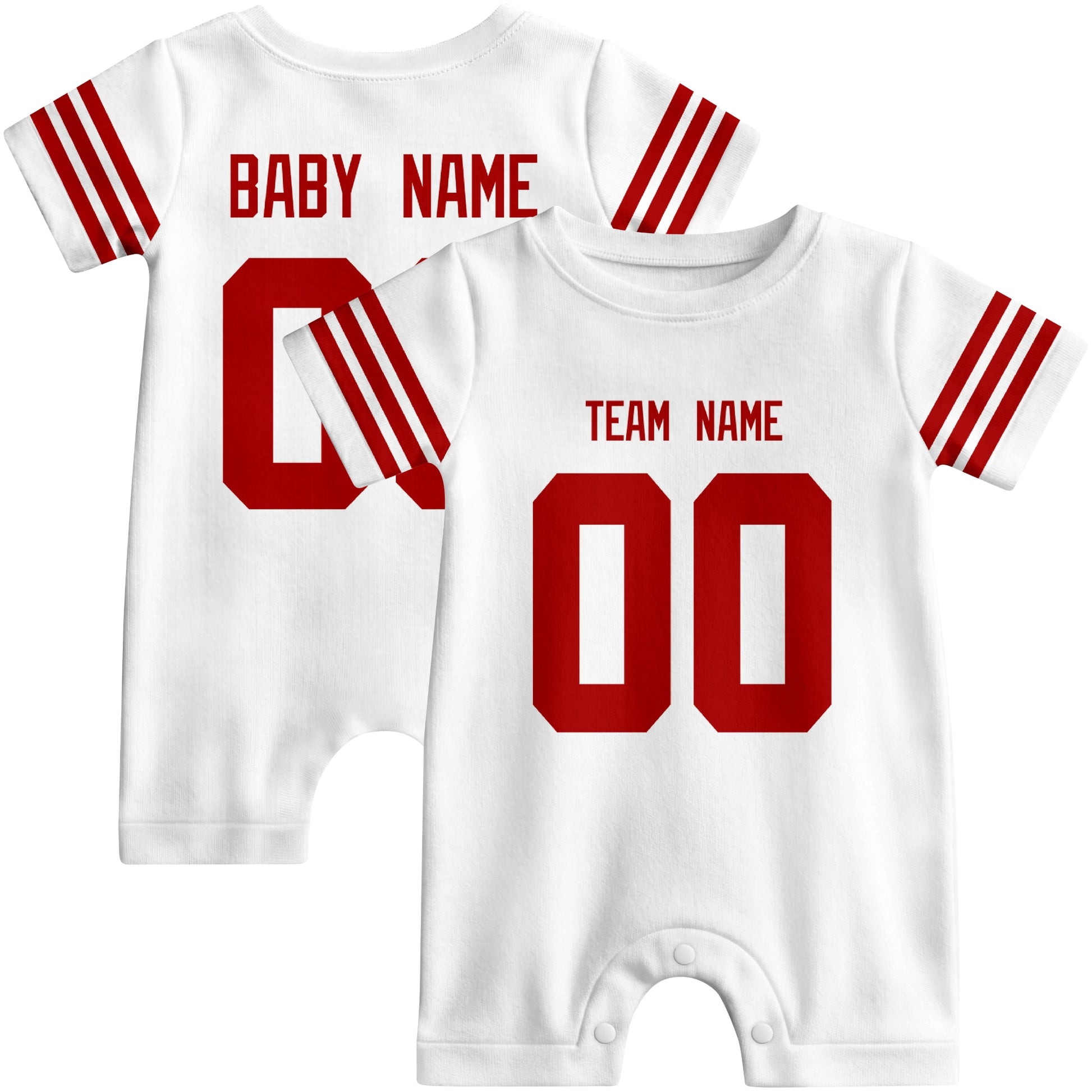 Front and back views of custom football-style baby onesie in White and Scarlet colors with personalized details