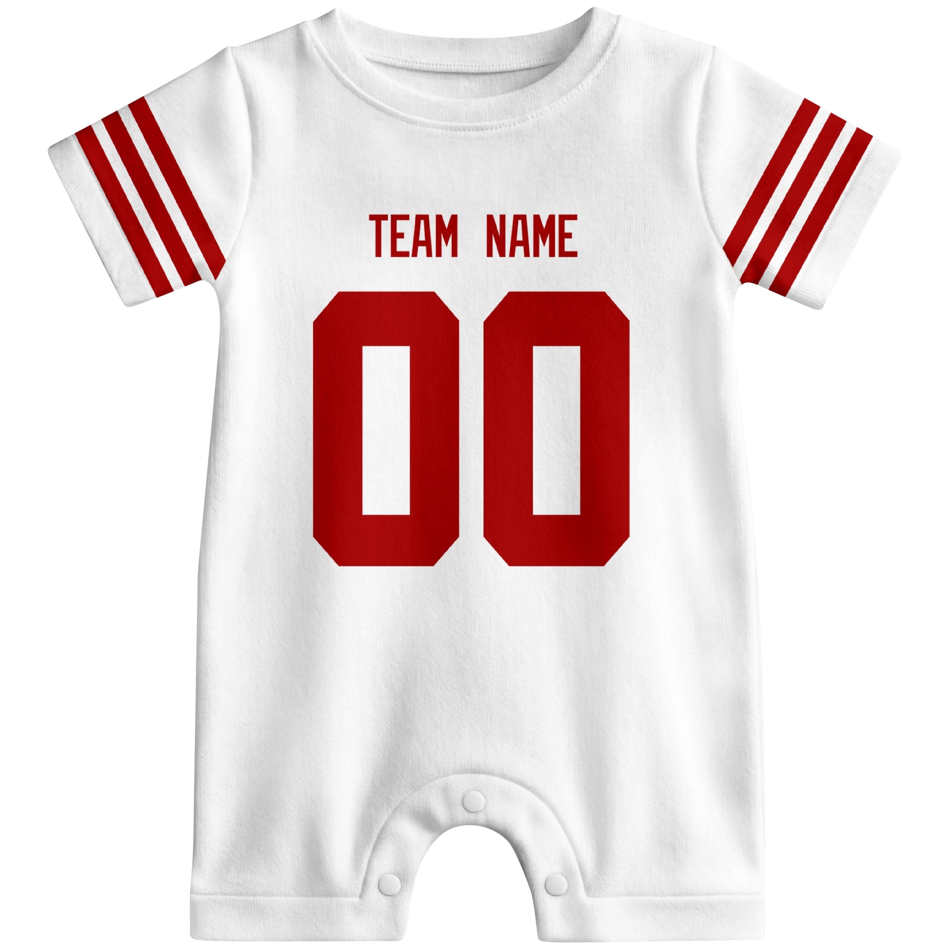 Front view of custom football-style baby onesie in White personalized with name and number