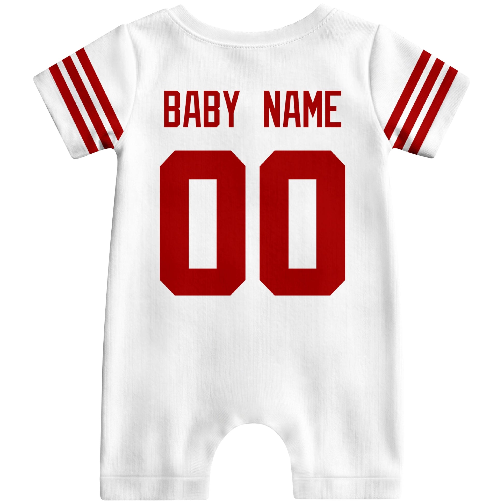 Back view of custom football-style baby onesie in White personalized with name and number