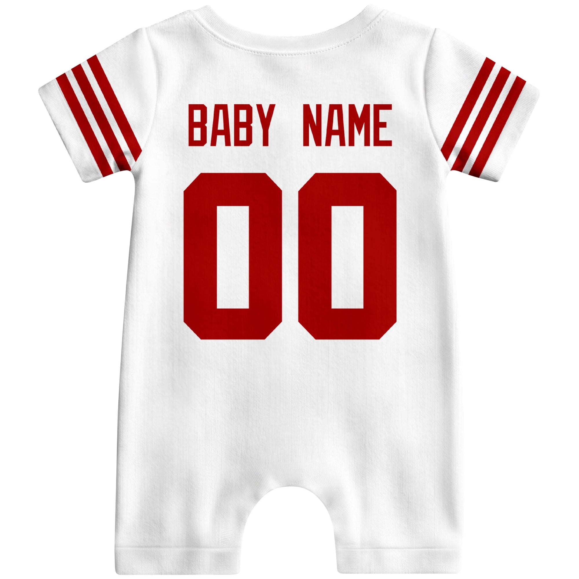 Back view of custom football-style baby onesie in White personalized with name and number