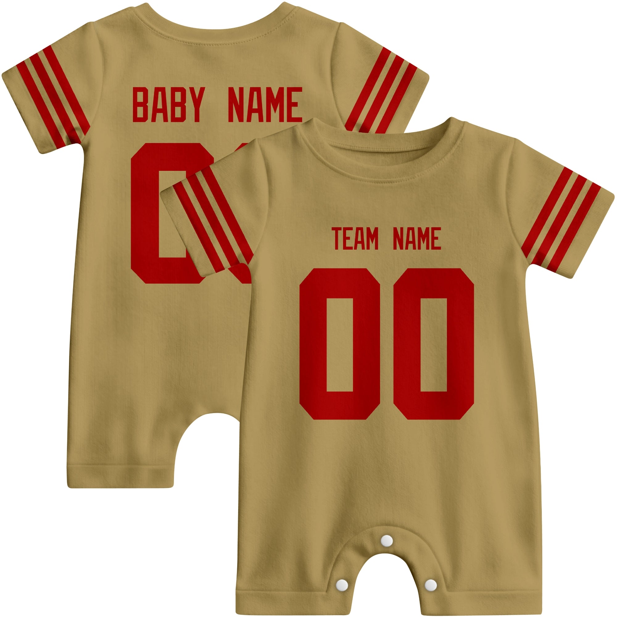 Front and back views of custom football-style baby onesie in Gold and Scarlet colors with personalized details