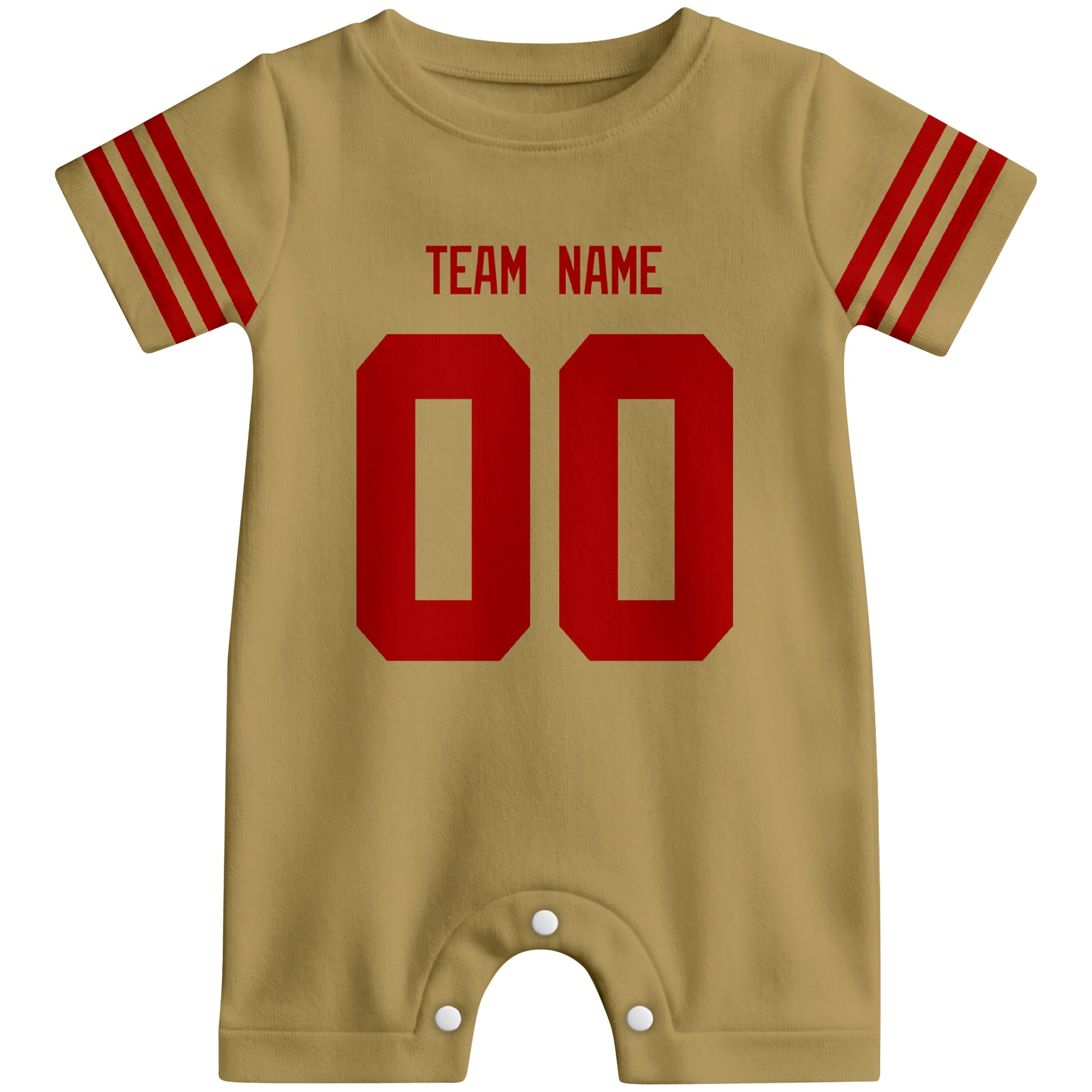 Front view of custom football-style baby onesie in Gold personalized with name and number