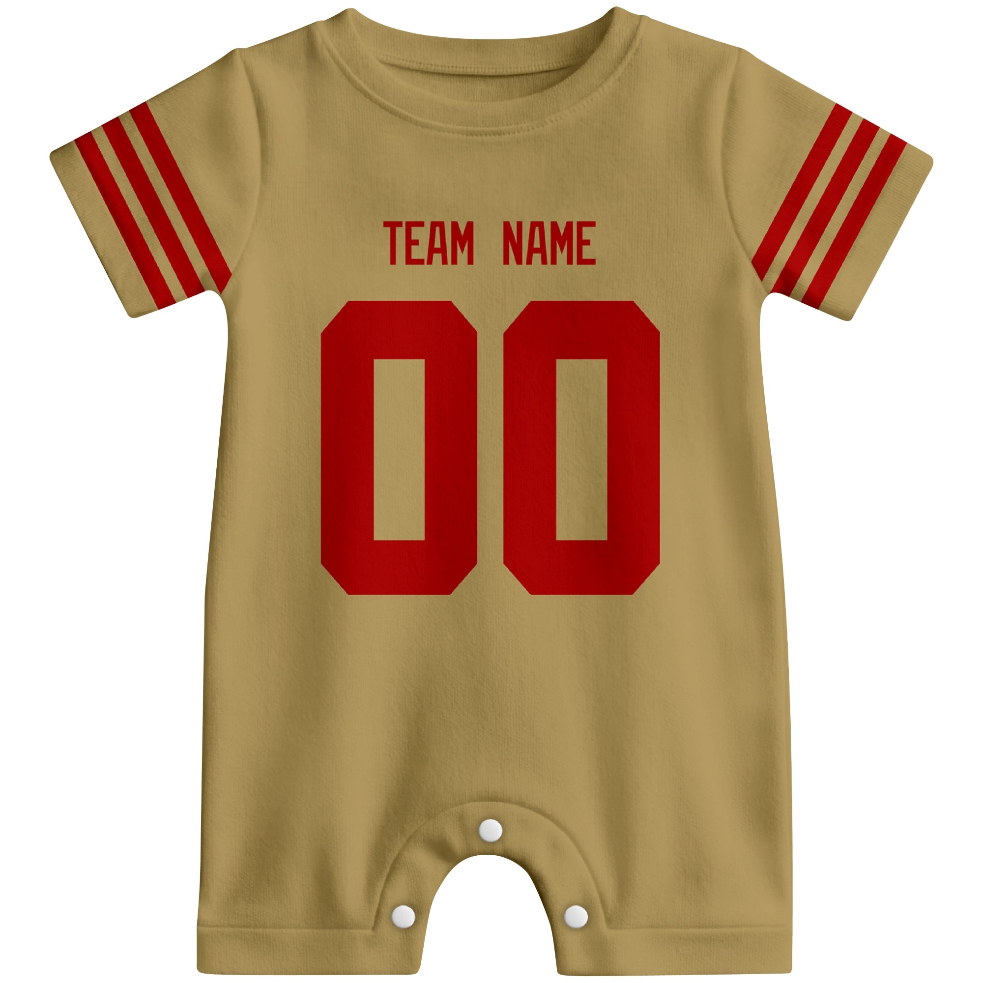 Front view of custom football-style baby onesie in Gold personalized with name and number