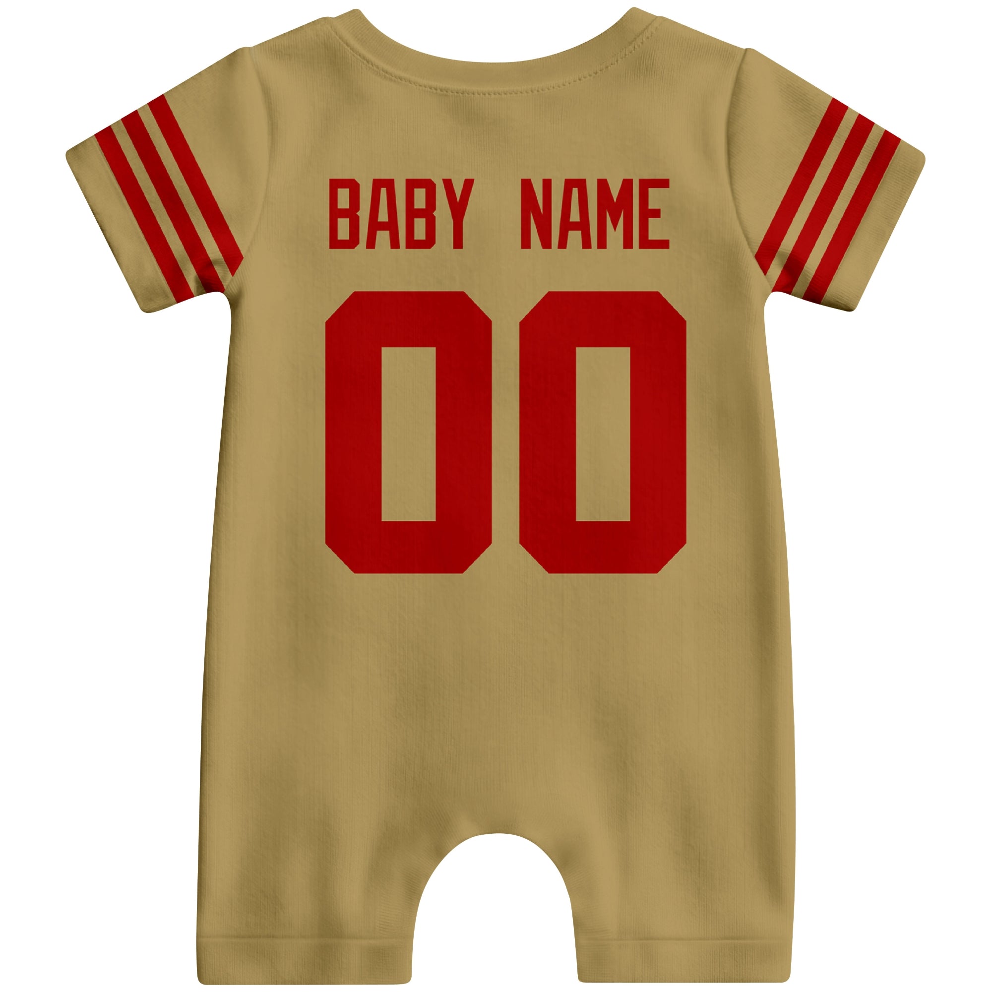 Back view of custom football-style baby onesie in Gold personalized with name and number