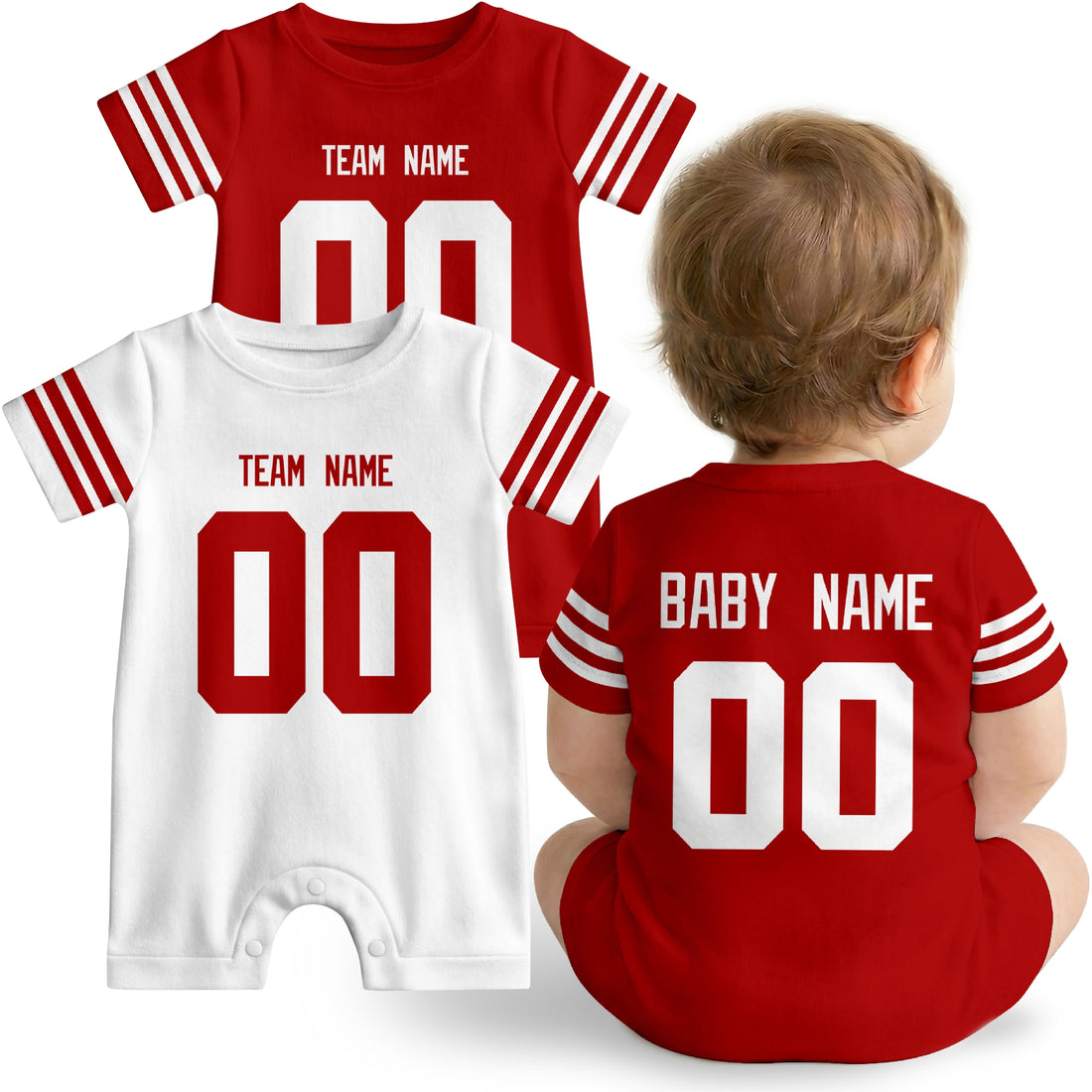 Baby wearing custom football-style onesie in Scarlet, White, and Gold with personalized name and number