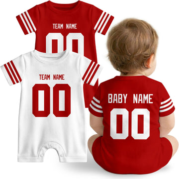 Baby wearing custom football-style onesie in Scarlet, White, and Gold with personalized name and number