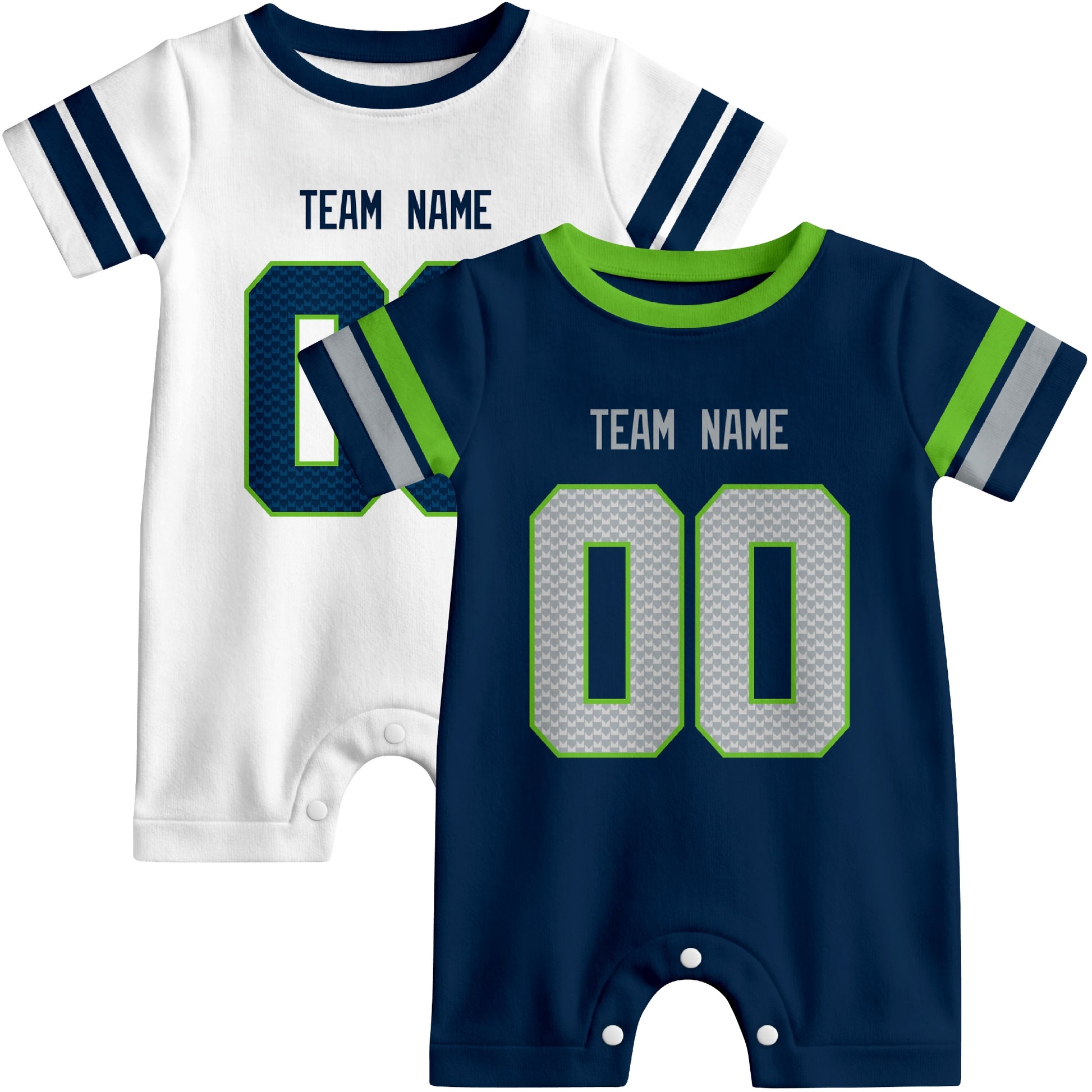 Custom football-style baby onesie color options in Navy and White