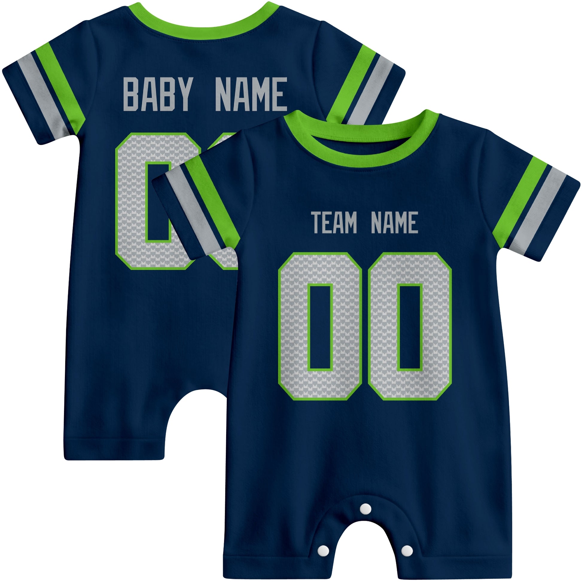 Front and back views of custom football-style baby onesie in Navy and White colors with personalized details