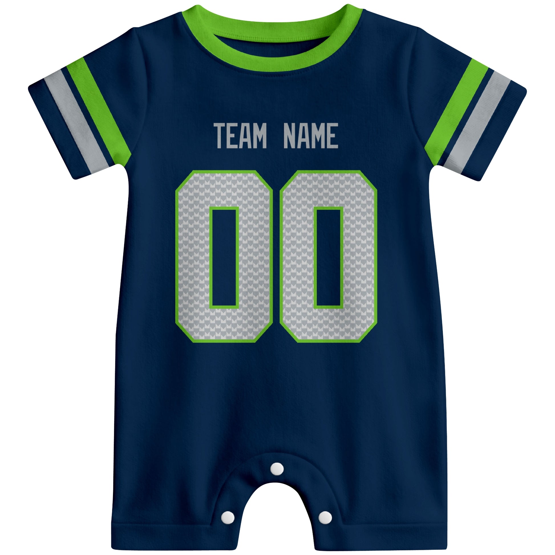 Front view of custom football-style baby onesie in Navy personalized with team name and number