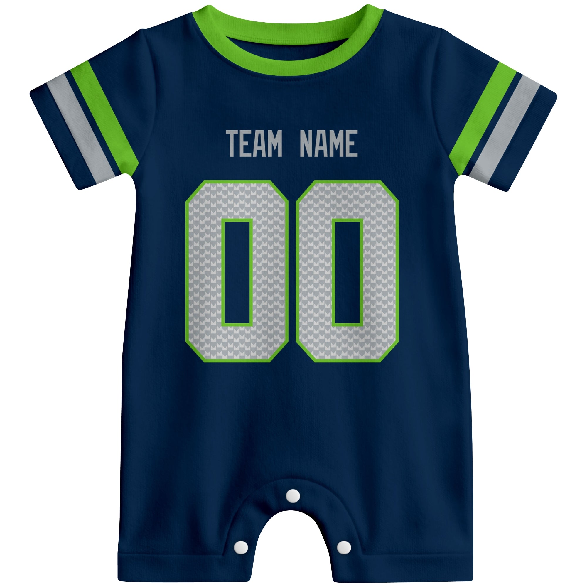 Front view of custom football-style baby onesie in Navy personalized with team name and number