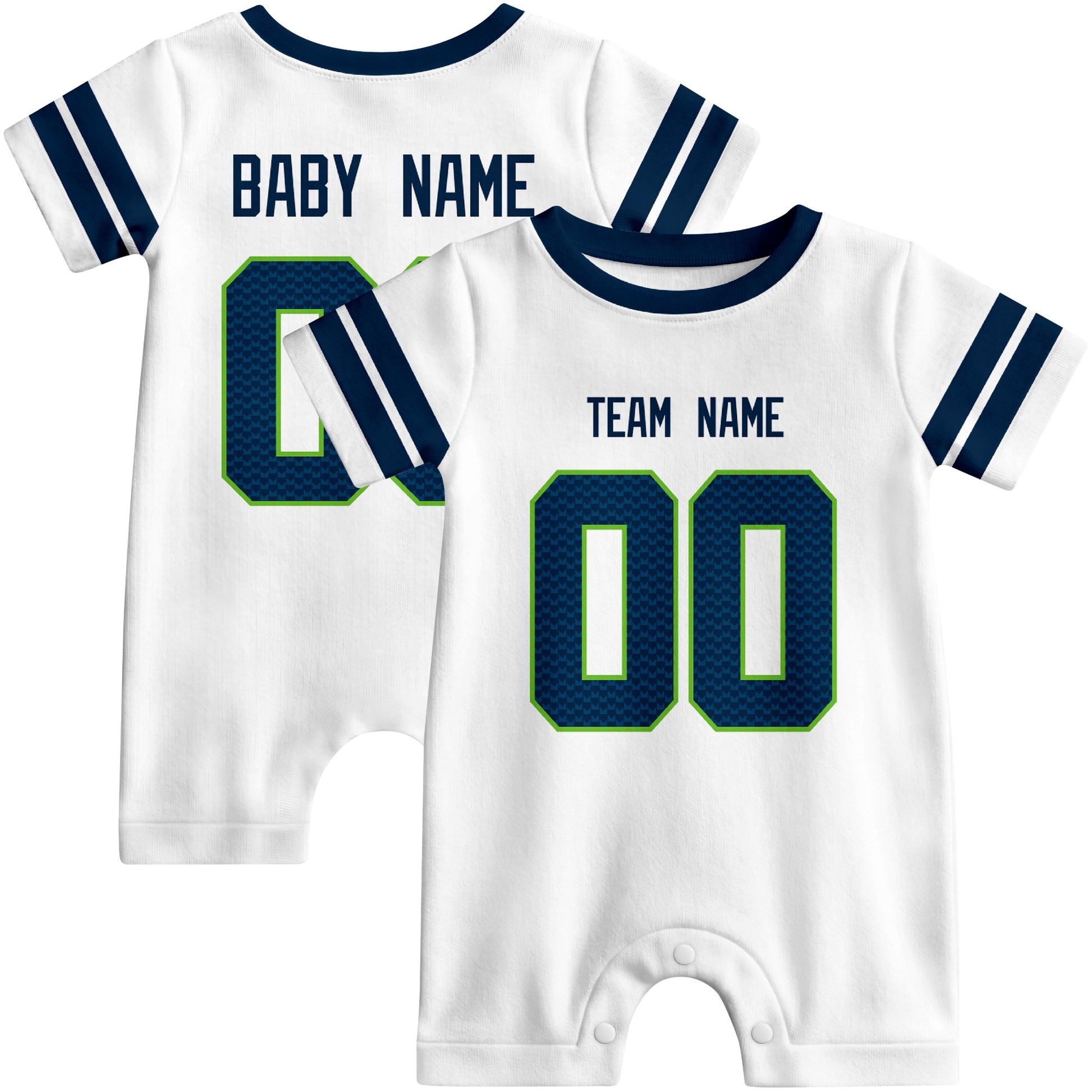 Front and back views of custom football-style baby onesie in White and Navy colors with personalized details