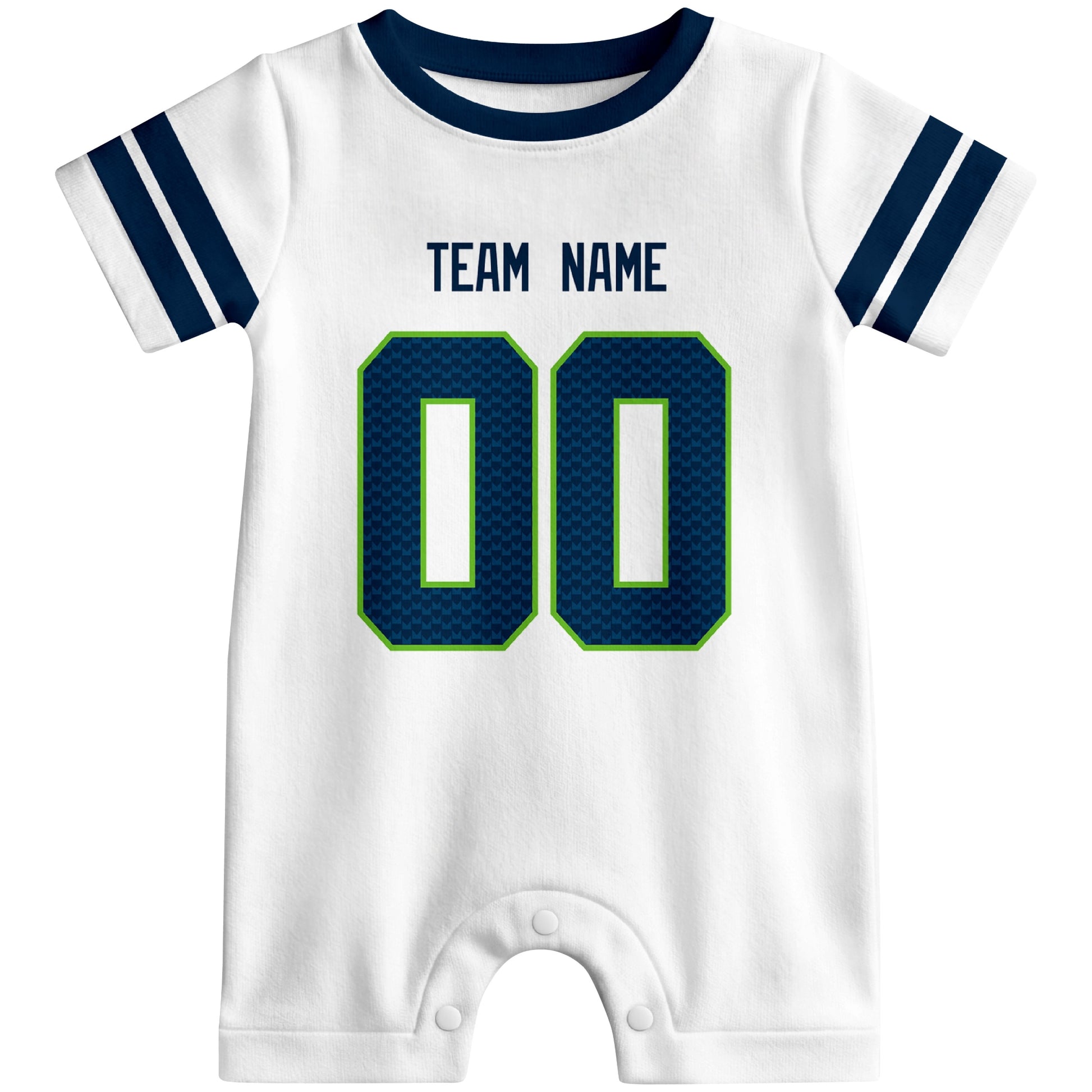 Front view of custom football-style baby onesie in White personalized with name and number